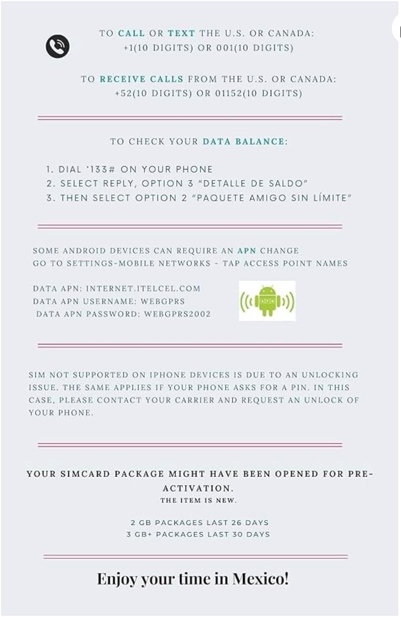 Telcel Mexico Prepaid SIM Card, 15GB Data, Unlimited Calls to The US Canada & Mexico, 30 Days Service, Unlimited Social Media, 5G LTE v6.2.