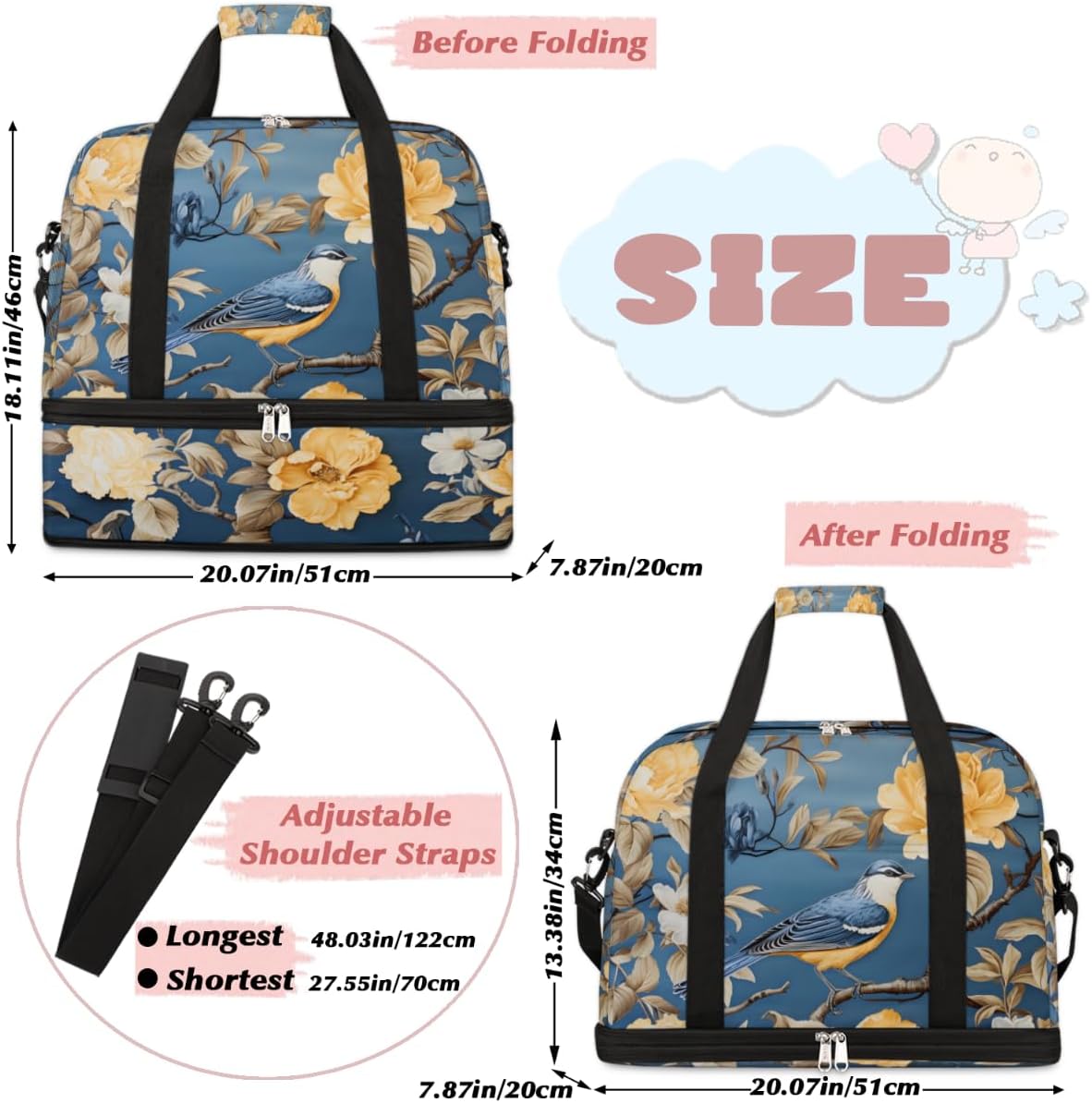 QsirBC Animal Bird Design Gym Bag for Women Duffle Tote with Shoes Compartment Men Weekender Duffel for Dance Travel Sports Swimming Overnight