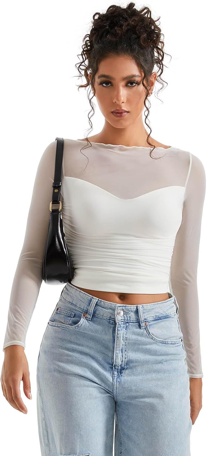 SUUKSESS Women Double Line Mesh Sheer Crop Tank Tops Boat Neck Long Sleeve Shirts - Image 4