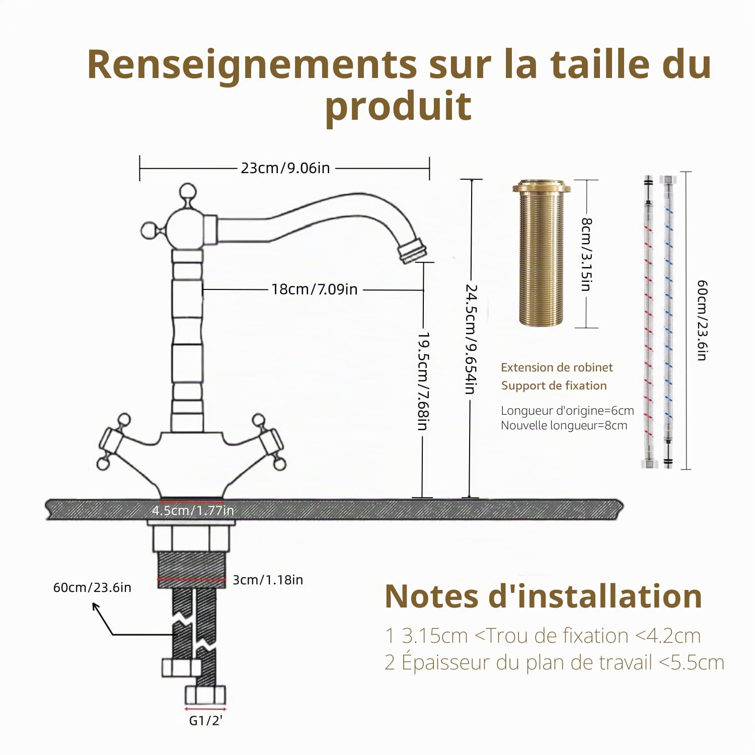 Robinet Cuisine Évier en Laiton Antique, Rétro Mitigeur Lavab | Vintage mélangeur monocommande à deux poignées, pivotant à 360°, cartouche céramique, pour cuisine et salle de bain