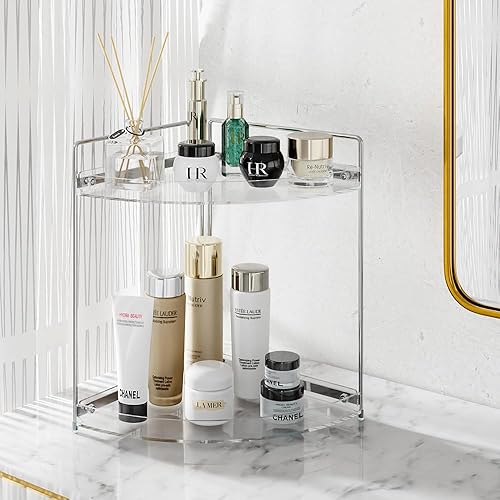 Miniatura 5 de Organizador de maquillaje de esquina de 2 niveles para tocador, organizador de encimera de baño acrílico, organizador de bandeja de perfume