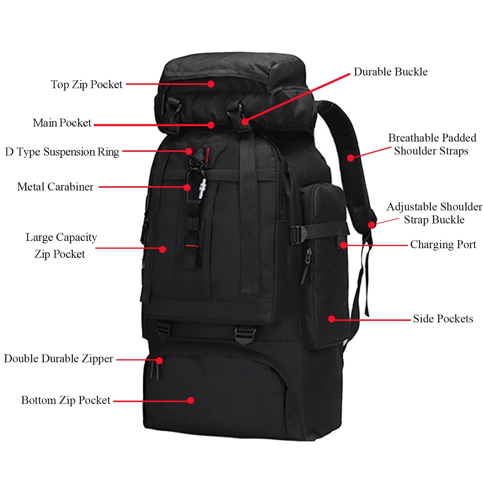 Sac à Dos Randonnée 80L Militaire étanche | Nylon 600D, Camouflage, Nombreuses Poches | Pour Trekking, Camping, Voyage