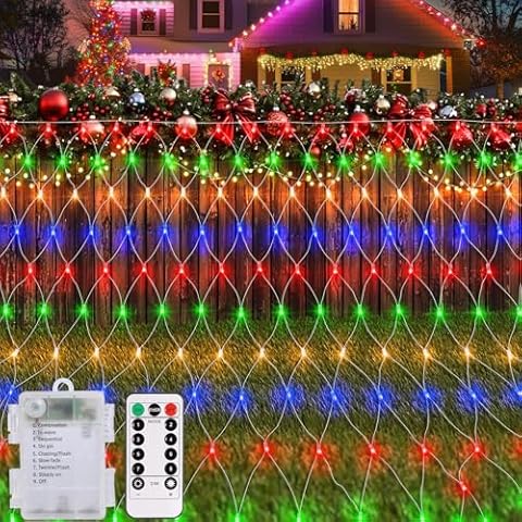 echosari Patio Garden Net Light String Led Outdoor Waterproof Battery Operated,8 Modes Remote Timer Dimmable,Multi-Colored Mesh Light for Bush Deck Fence Wall Holiday Seasons (100 Led,4.9ft x 4.9ft) Cover