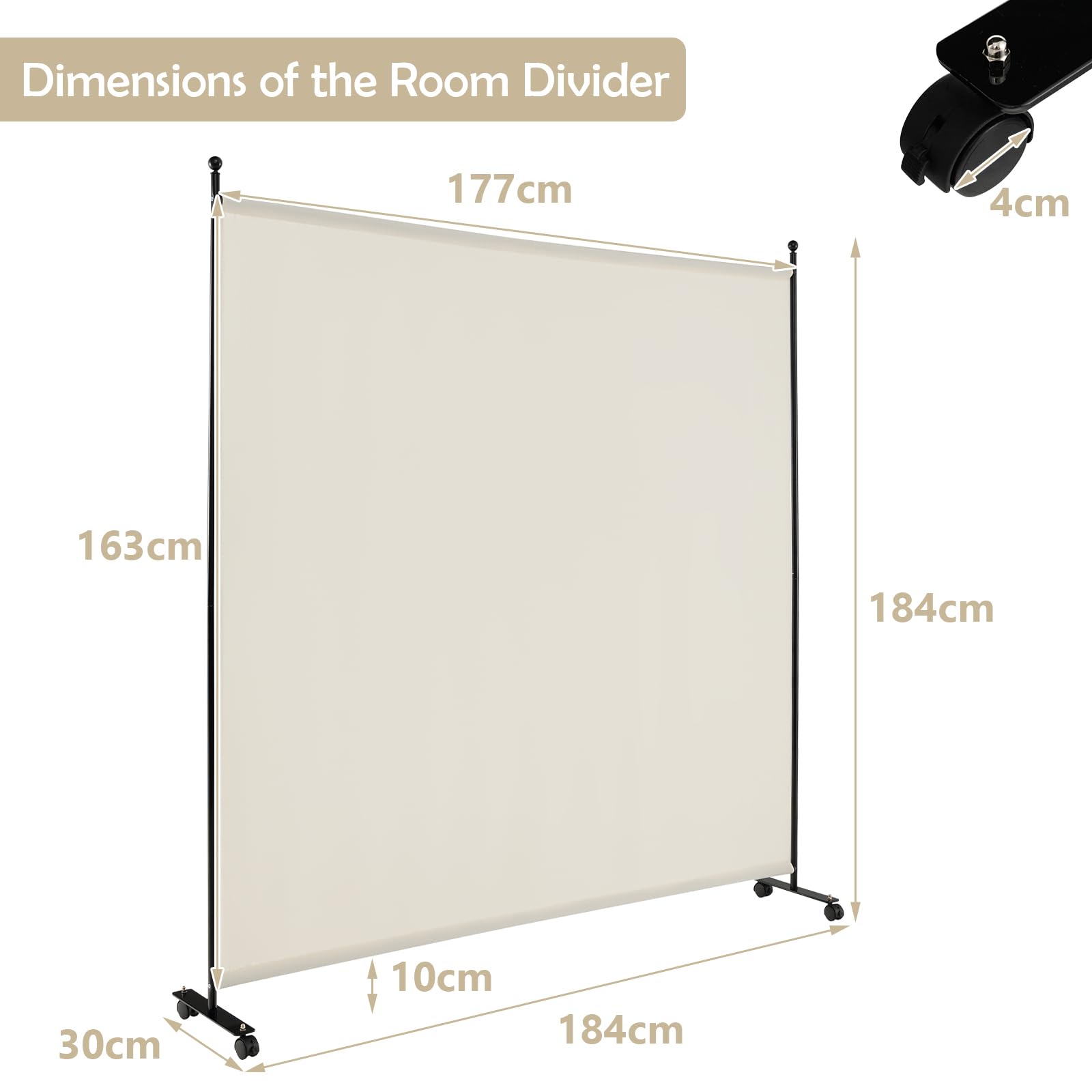 GOPLUS Biombo Separador de Ambientes de1 Panel con Ruedas Bloqueables, Biombo Plegable de Tela con Marco de Metal para Privacidad, Divisor para Salón Dormitorio (Blanco, 1 Panel, 184x184 cm)