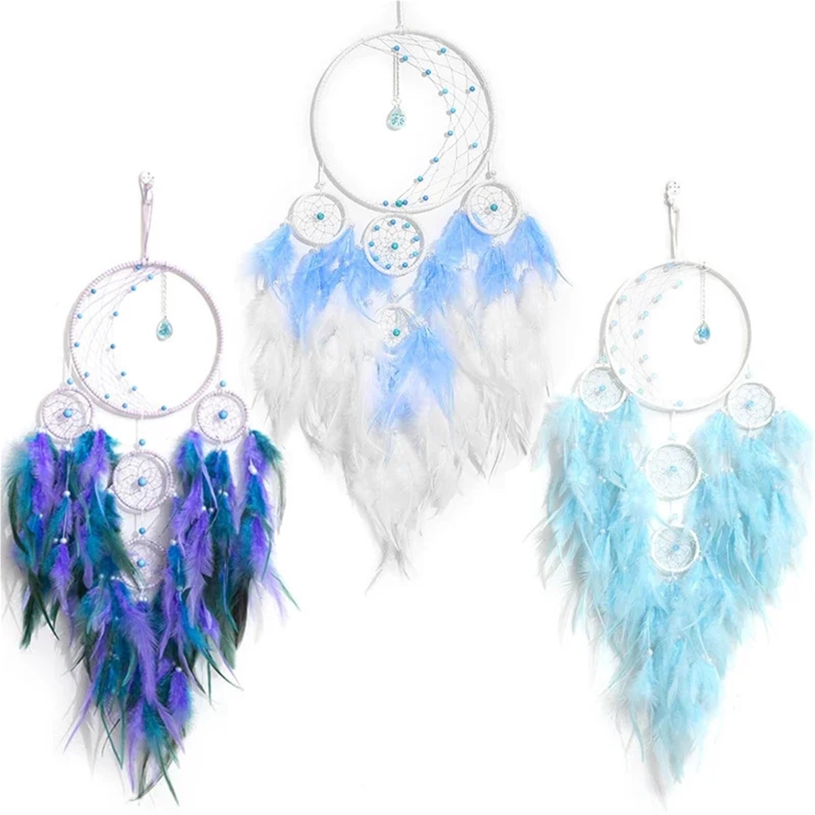 3 pezzi acchiappasogni a cinque anelli con piume artistici da appendere alla parete decorazioni for la casa fatti a mano puro Per Decorare(Blue03)