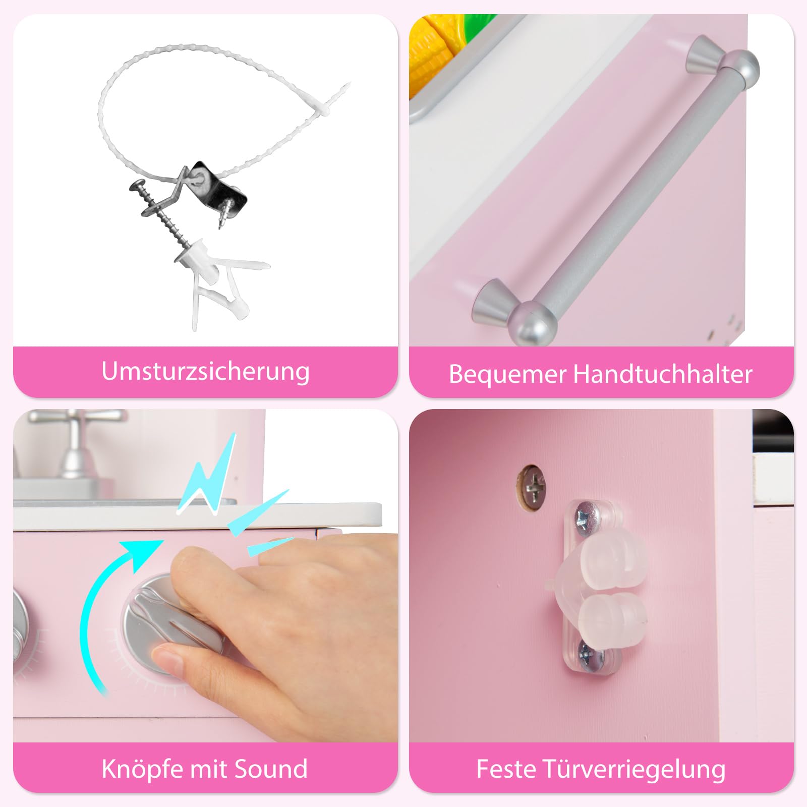 COSTWAY Kinderküche Holz, Spielküche mit Licht und Sound, Holzküche mit Tafel, Mikrowell, Spüle, Ofen & Stauraum, inkl. Zubehör, Spielzeugküche für Kinder ab 3 Jahren (Rosa)