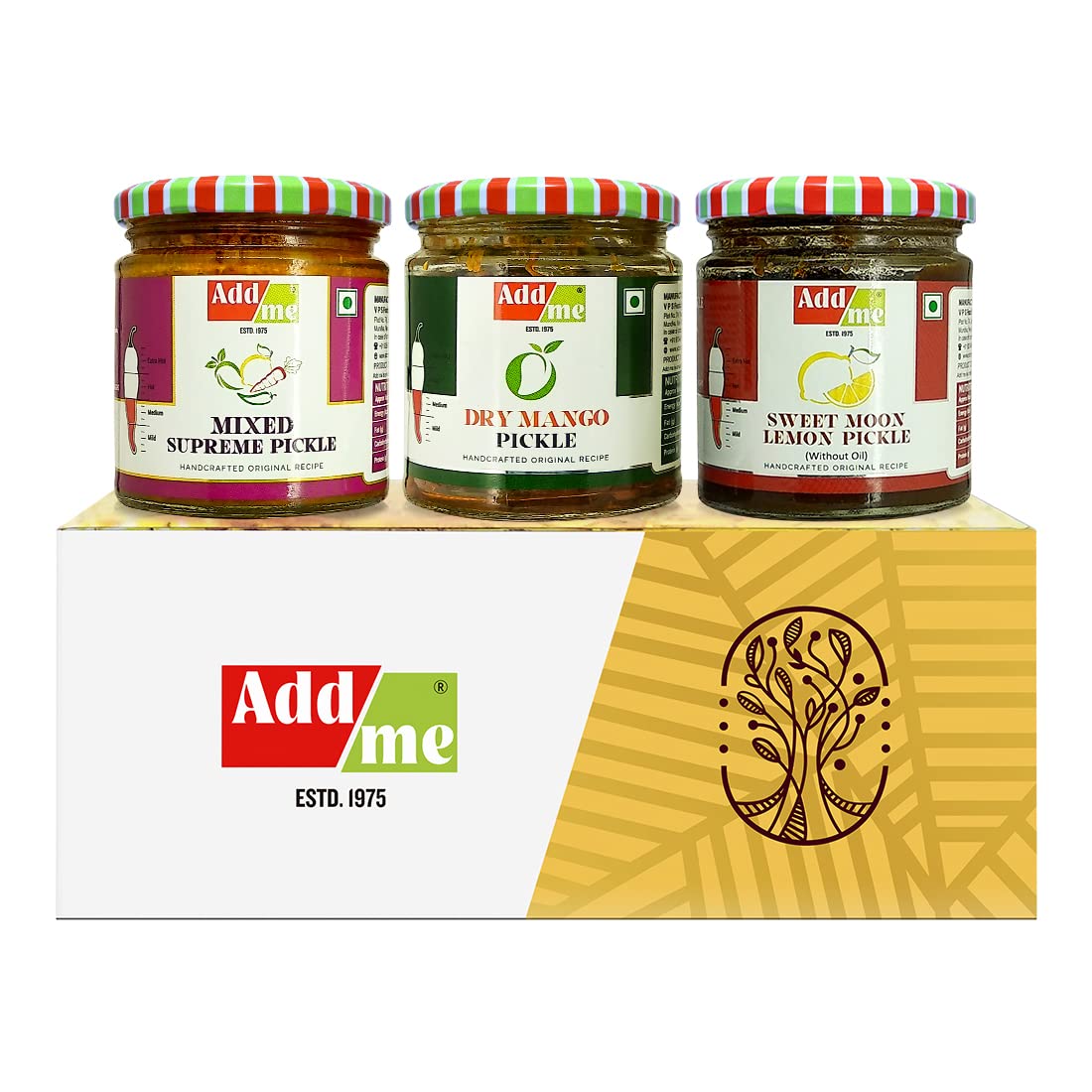 Add me Home Made Handmade Dry Mango Pickle Gift Box sukha aam ka achar 150gm, Lemon Pickle khatta meetha nimbu ka achar 200gm & Mixed Pickle 200gm, Mix Combo Gift Pack Glass jar