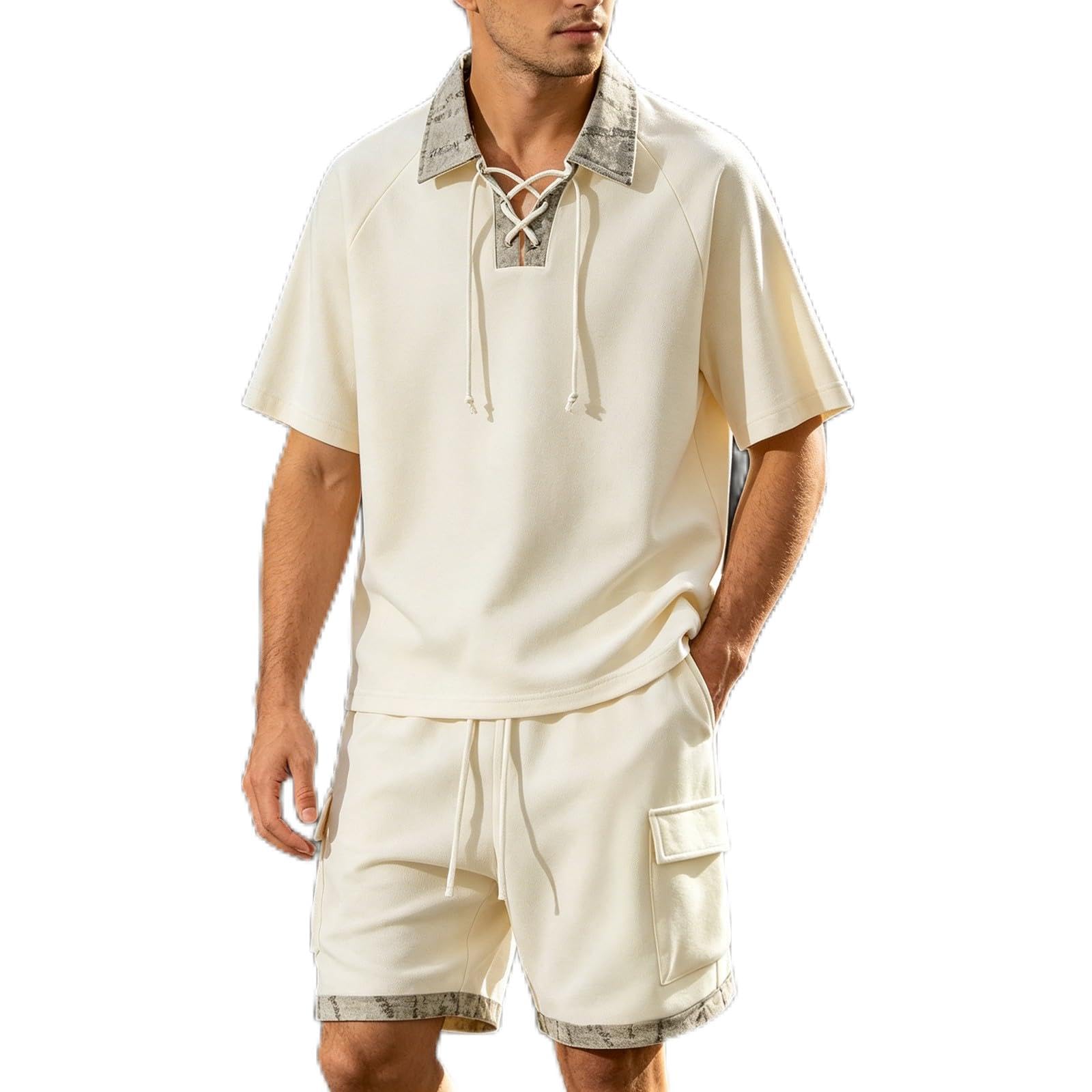 Tuta da jogging da uomo, 2 pezzi, casual, estiva, con polo, pantaloncini, con coulisse, risvolto, tuta da allenamento, per attività all'aperto, tempo libero, abbigliamento sportivo