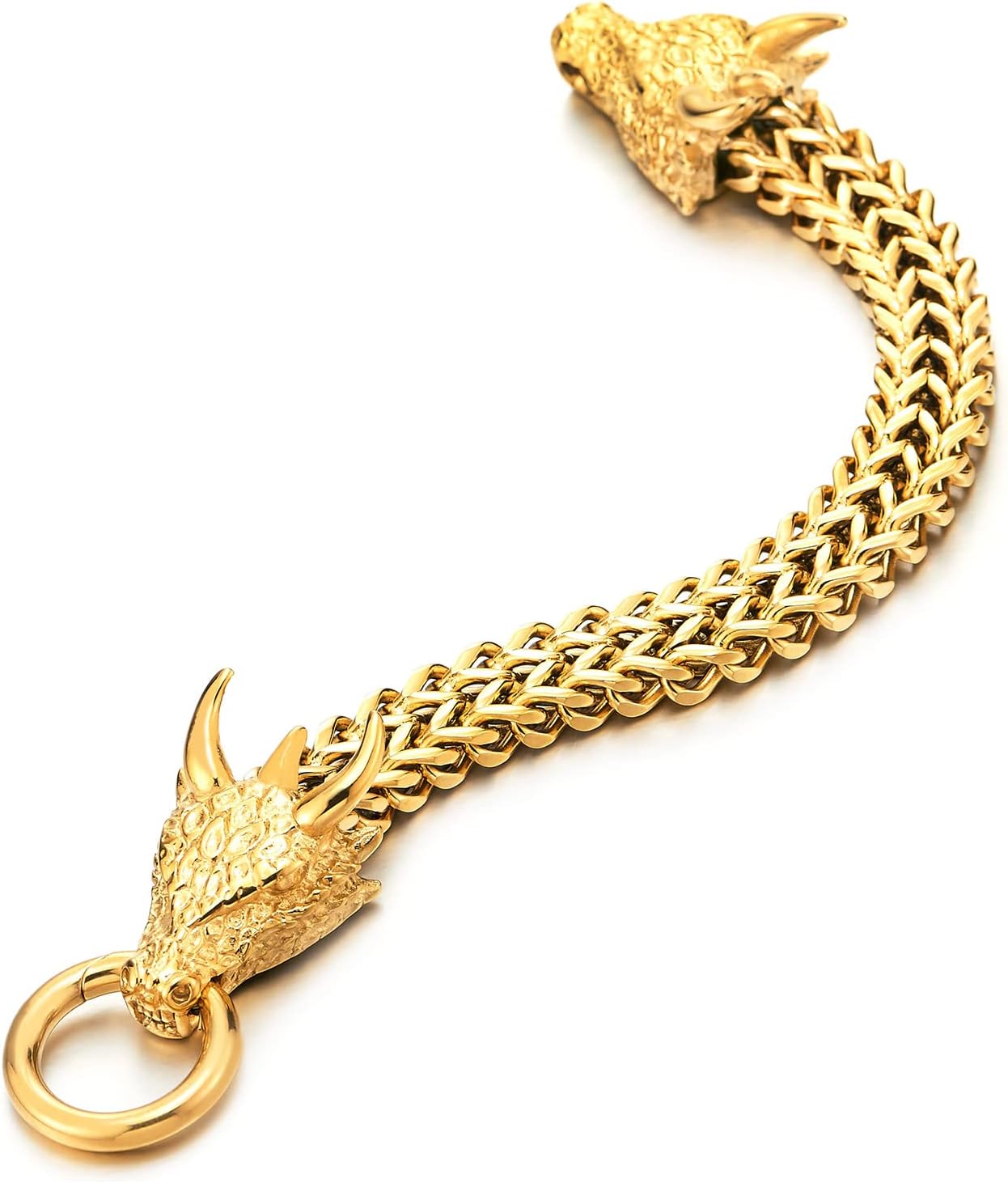 Men Steel Square Franco Chain Curb Chain Bracelet Dragon Head with Scales Spiked Horn, Ring Clasp