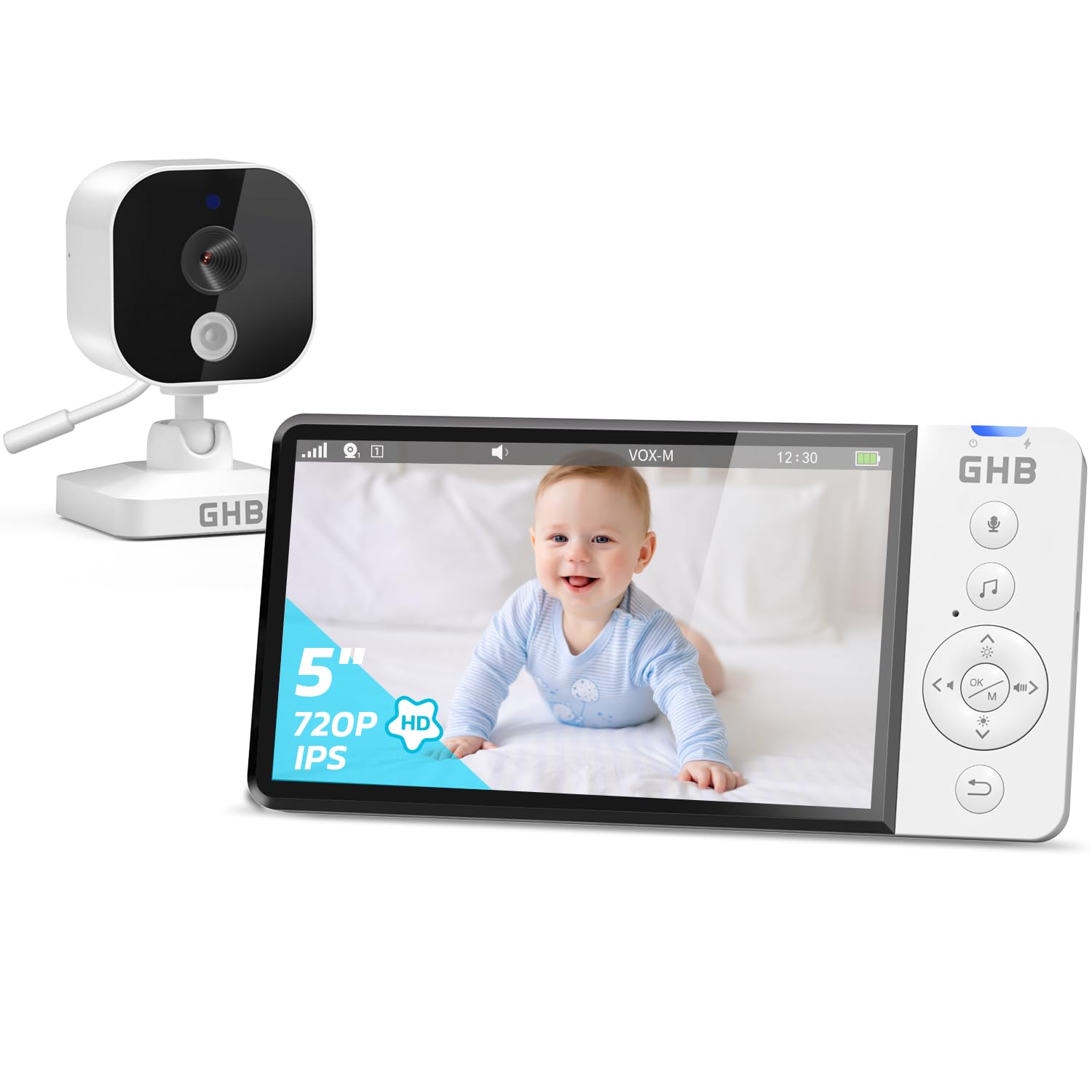 GHB Babyphone mit Kamera 5 Zoll HD 5000mAh IPS-Display VOX-Modus 4X Zoom Nachtsicht Temperaturanzeige Zwei-Wege-Audio 720P Nicht drehbar