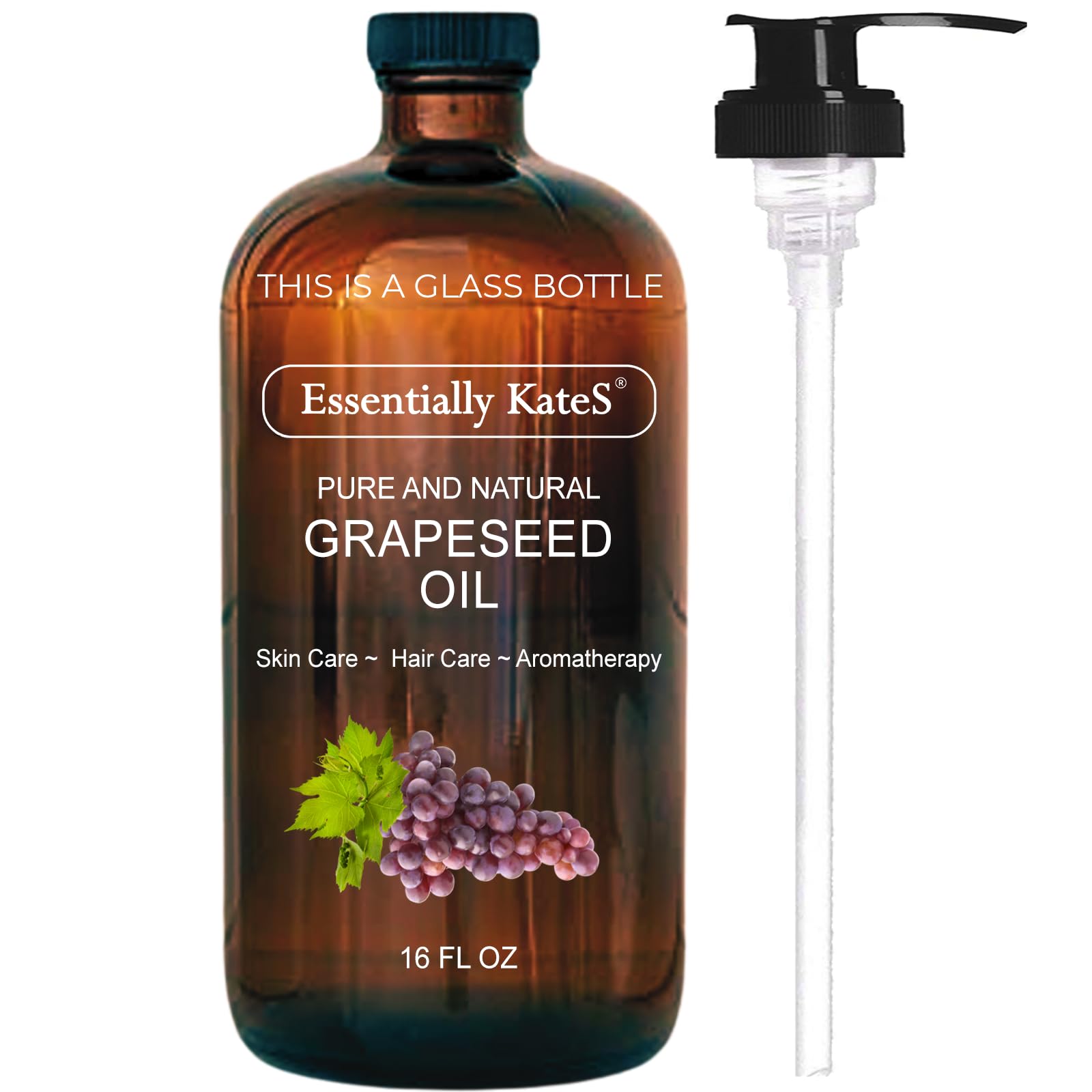 Essentially KateS Grapeseed Oil 16.9 Fl Oz - A Huge Glass Bottle with a Pump - 100% Pure and Natural, Cold Pressed, and Hexane-Free - Hair, Skin and Body