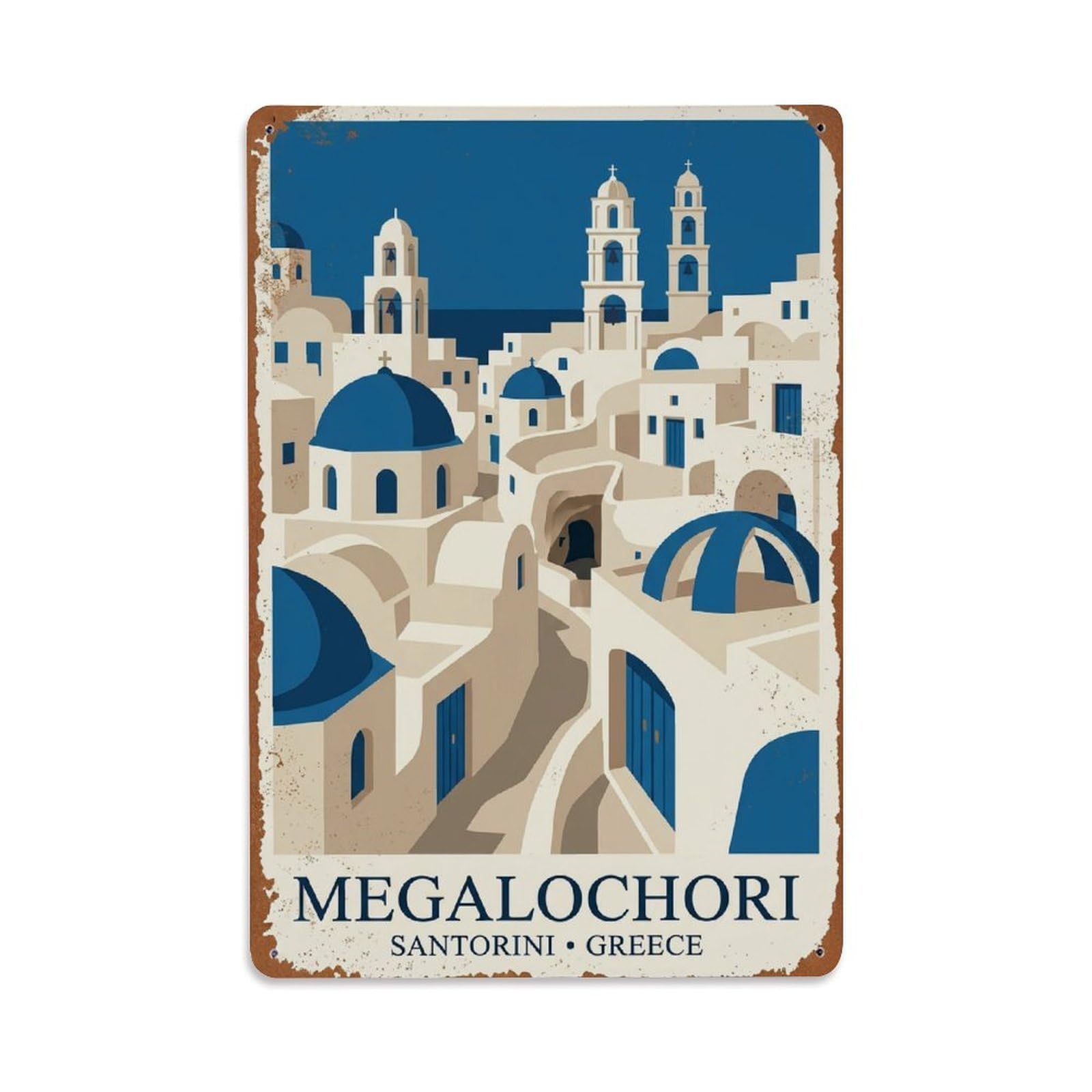 Fyrn Style Metal Tin Sign Vintage Travel Megalochori Greece Town