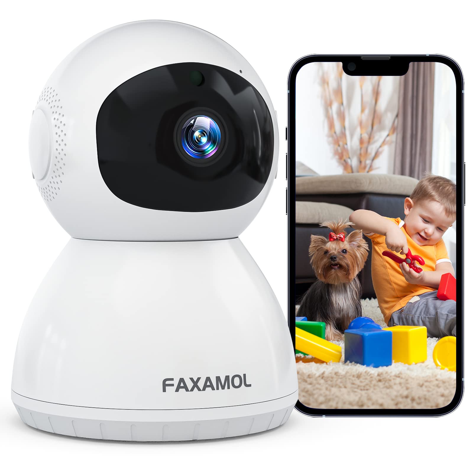 FaxamolFaxamol Indoor Security Camera, Pet Camera Pan/Tilt Baby Monitor with Motion and Sound Detection, 720P Two-Way Audio,Night Vision,Cloud and Local Storage,WiFi Camera