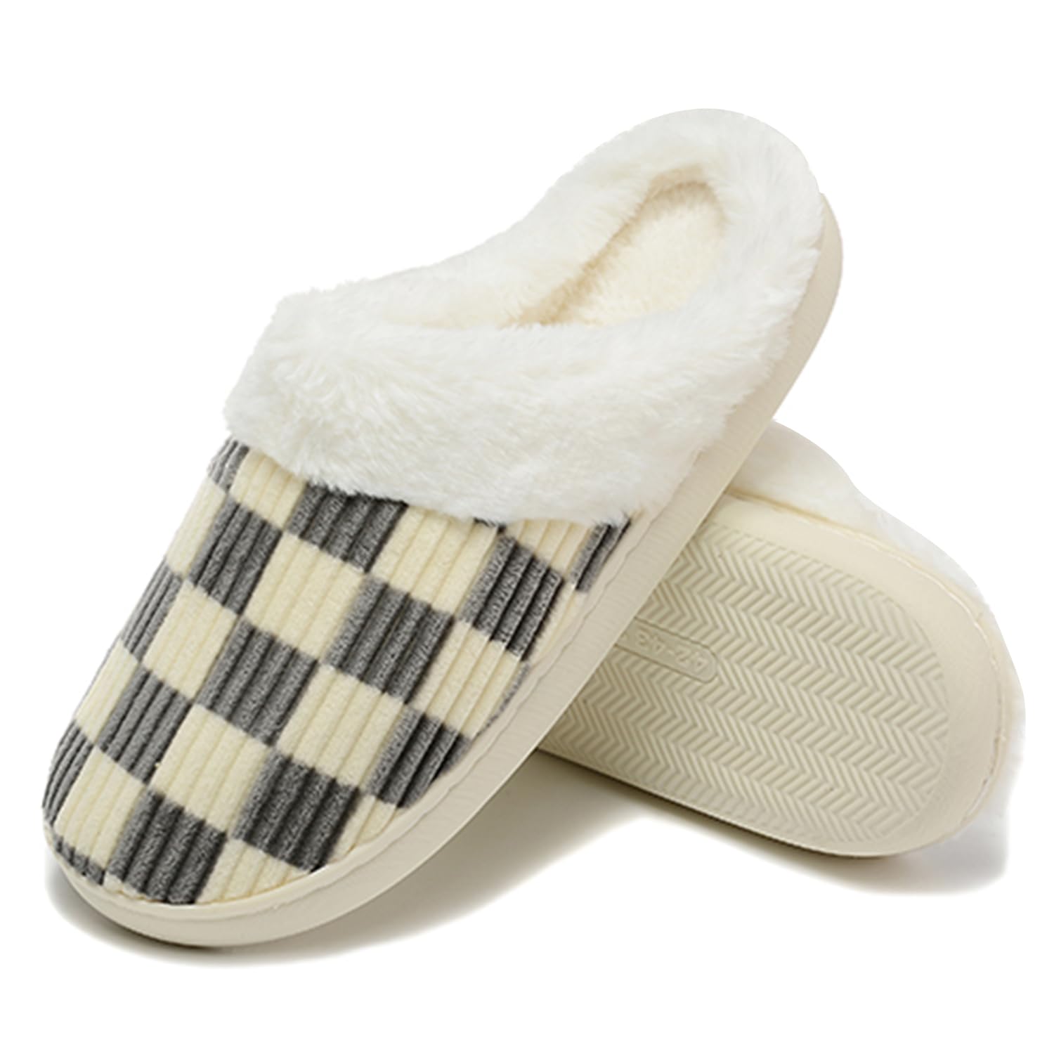 Jogyew Women House Fuzzy Slippers - Plaid Scuff Checkered Slip-on Memory Foam Indoor Outdoor Comfortable Soft Slides
