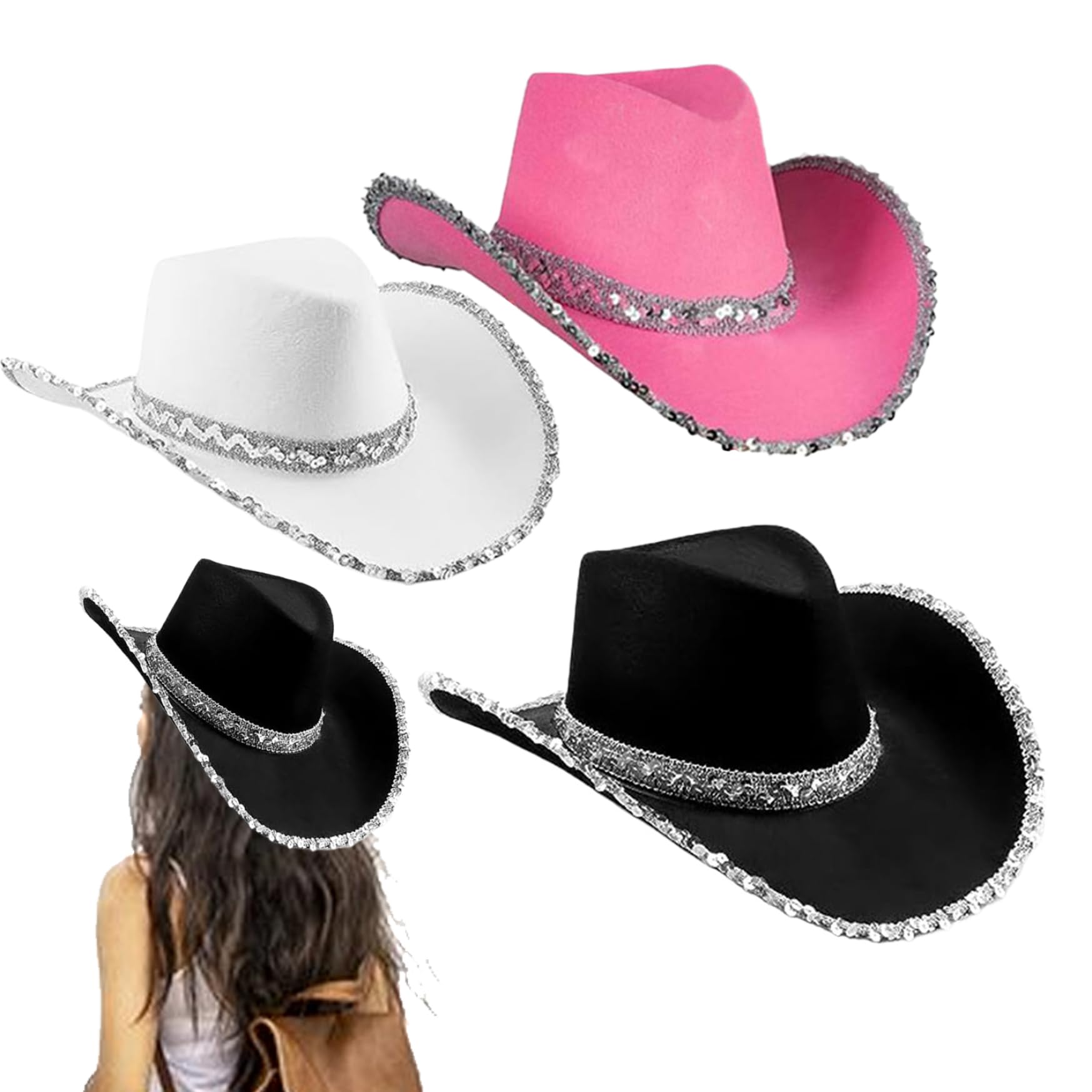 Chapeau de cowboy pour femme et homme | Lot de 3 chapeaux de cowgirl avec sangle western