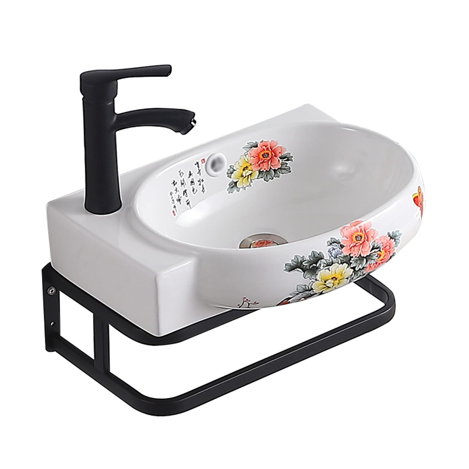 Lavabo de baño suspendido con grifo negro para ganar espacio en aseos pequeños