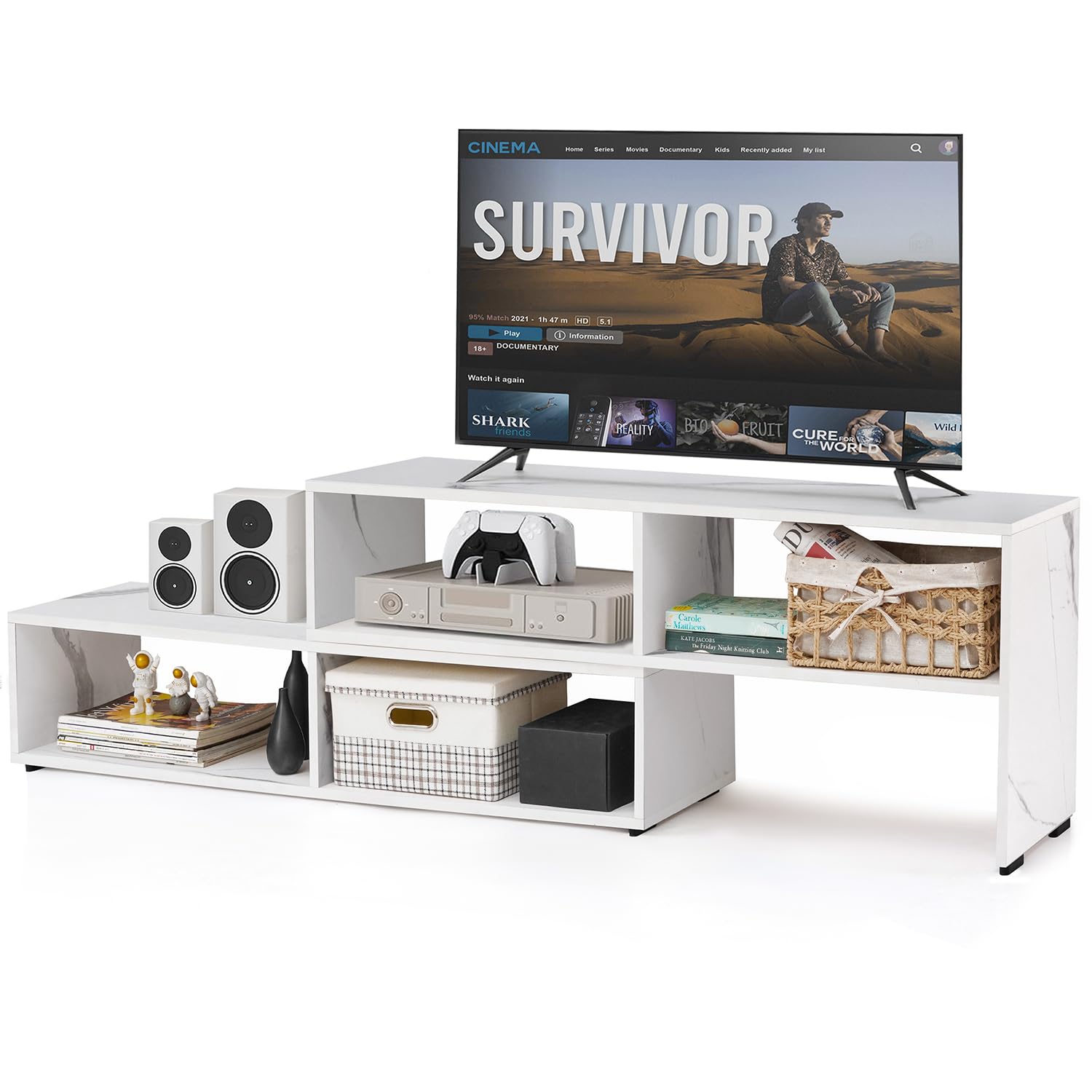 ABOUT SPACE TV Unit for Living Room - Engineered Wood DIY TV Stand Entertainment Unit, Expandable TV Table, 4 Open Display Shelves for WiFi Router Stand Decor (L115-170 x B30xH 46.5cm - White Marble) (B0CS5Q3V38) Amazon Price History, Amazon Price Tracker
