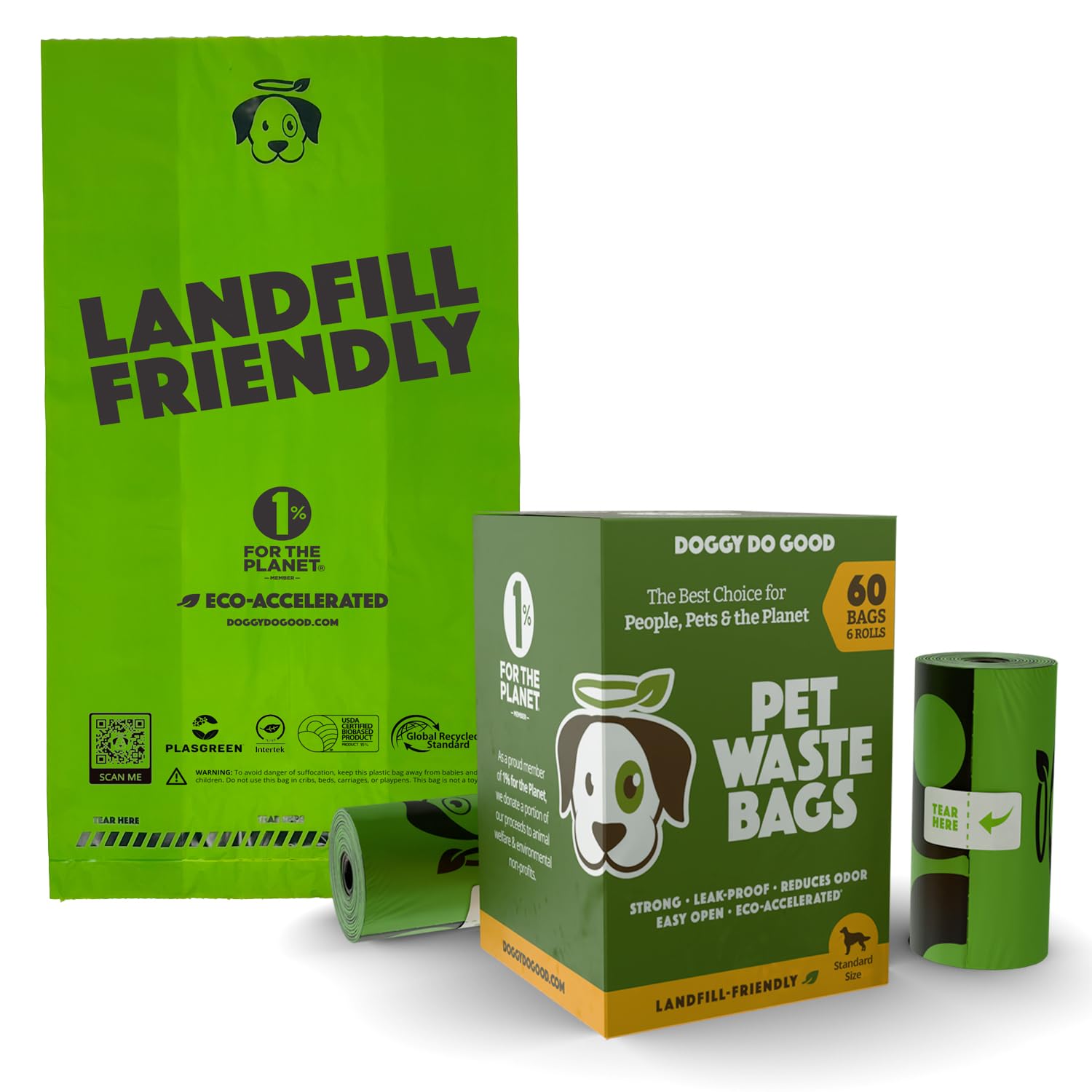 - Doggy Do Good Landfill-Friendly Poop Bags | Dog Waste Bags Made with 50% Recycled Plastic + 15% Biobased Material | Unscented, Thick, Leak-Proof, Easy Open | Standard Size | 60 Count