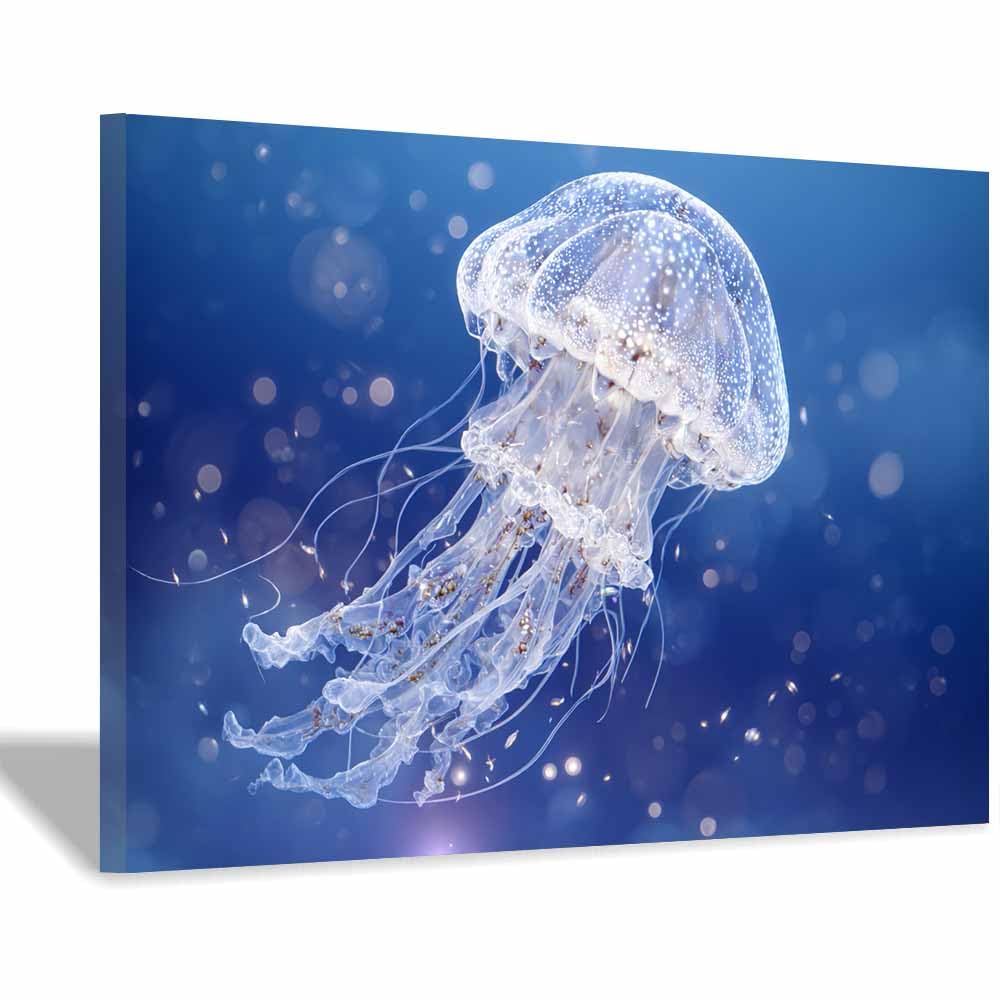 HUYEEI marine animals Canvas Wall Art Solitary Jellyfishs Canvas Prints Posters Modern Artwork for Livings Room Bedroom Bathroom Home Office(blue)-60x90cm Framed