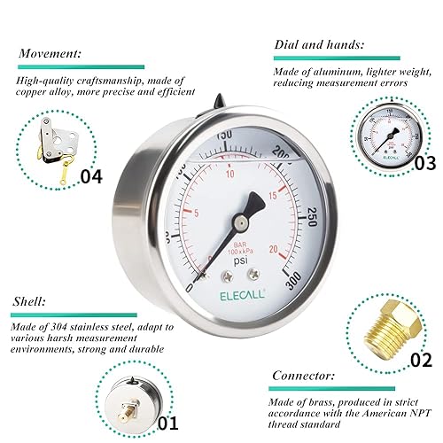 Miniatura 3 de ELECALL Medidor de presión de silicona relleno de aceite de 300 psi para prueba de presión de aire de aceite de agua en bomba de piscina, filtro de