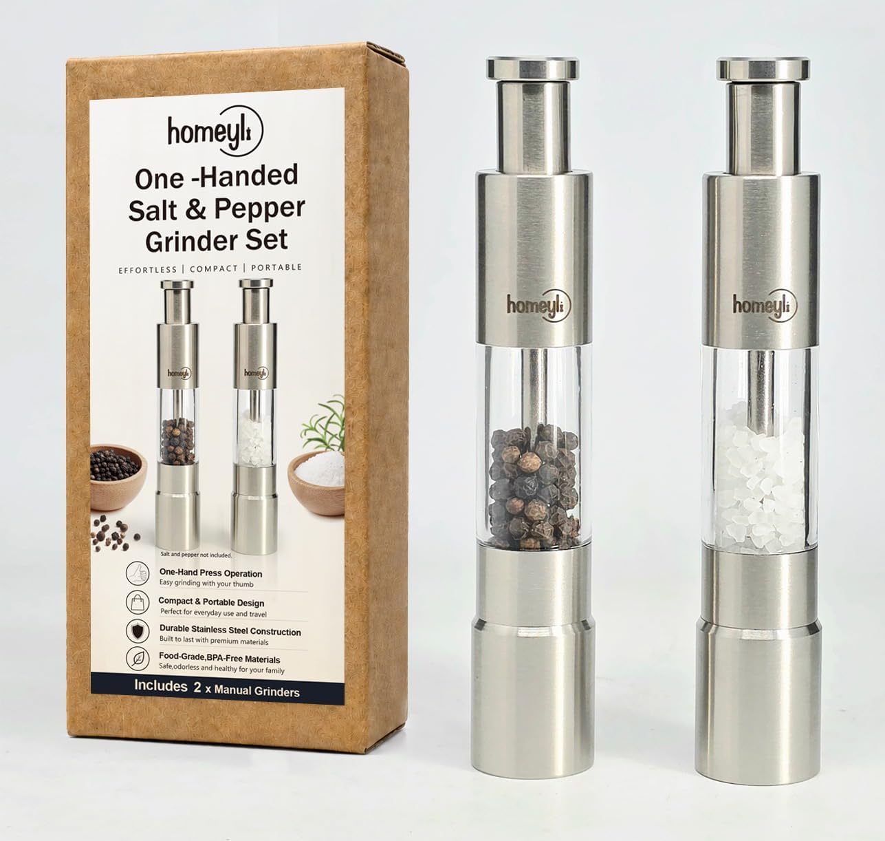 Salt and Pepper Grinder Set of 2, Manual Thumb Push Button, 304 Stainless Steel Pepper Mill, Refillable Mini Salt Grinder with Wide Clear Window for Black Pepper, Sea Salt, Himalayan Salt
