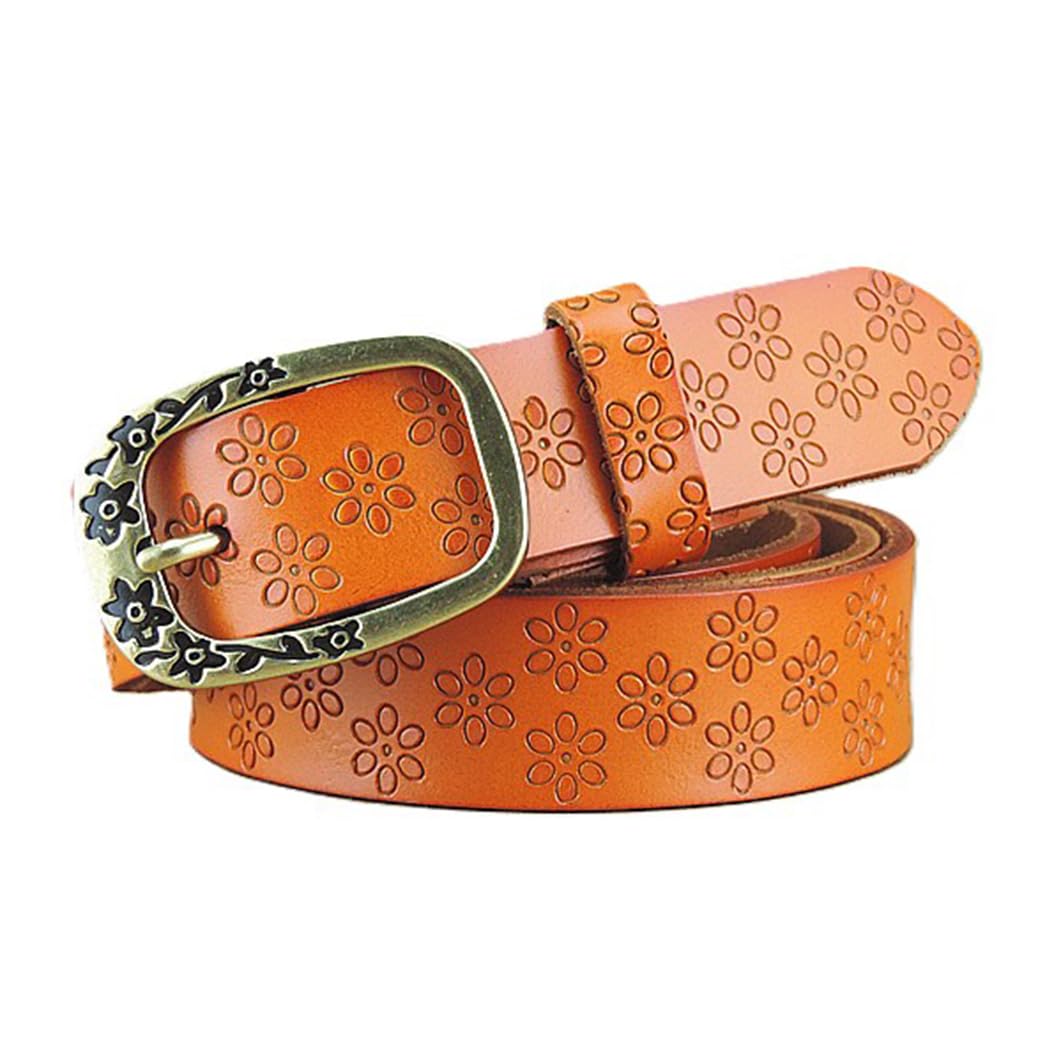 Agutalithic Women's Brown Western Embossed Belt For Men Cowboy Cowgirl,Pu-Leather-Strap With Vintage Carved Floral Solid Brass Buckle(115Cm/45, )