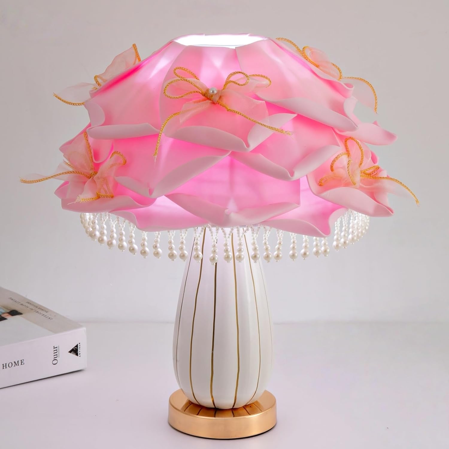 ZYLEISENBAO Pink Flower Lamp Romantic Bedside Lamp Cute Nightstand Light Nordic Bow Table Lamp for Bedroom Living Room Entry Office Study Room Kid Room Valentines Dating Wedding Chirstmas Deco