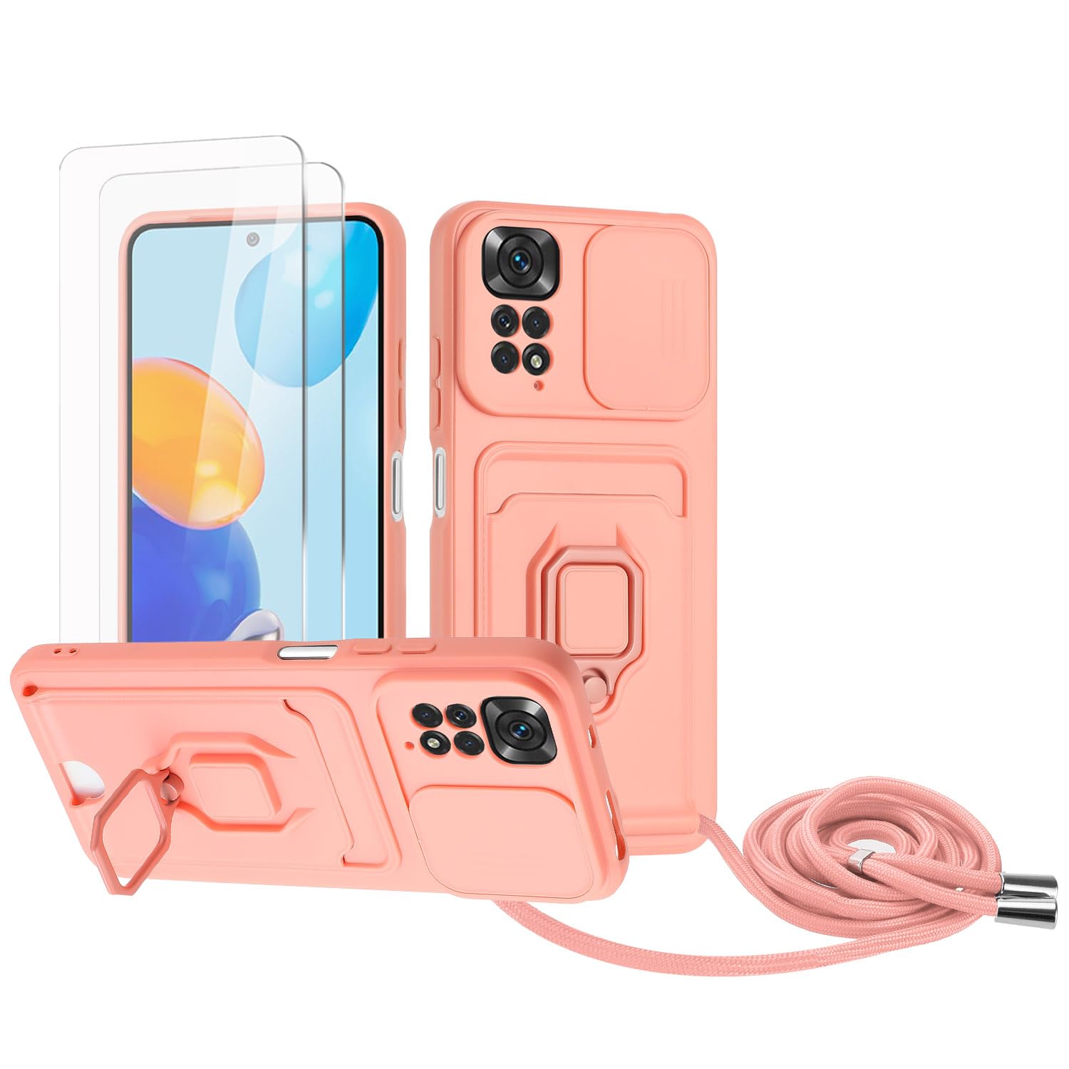 Zallagre Funda con Cuerda Compatible con Redmi Note 13 Pro 5G,[2 Packs Cristal Templado],Ranura para Tarjetas,Cubierta de Cámara Deslizante Proteger,360 Anillo Soporte-Morado — view 24