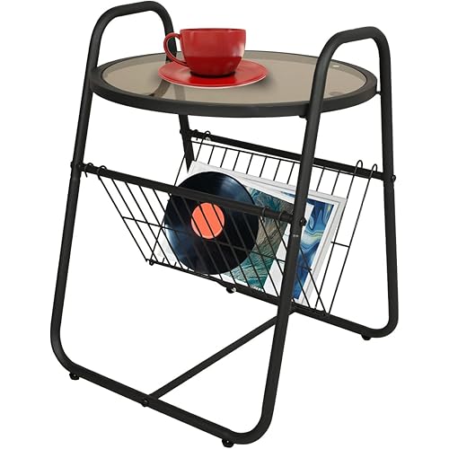 Round Side Table with Magazine Rack, Metal End Table