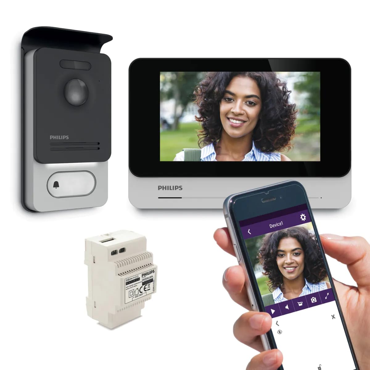 Philips Kit Visiophone Connecté WelcomeEye Connect 2, Moniteur Tactile 7", Platine RFID, Transformateur DIN 230V, App Smartphone, Vision Nocturne 130°