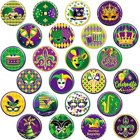 48 Pack Mardi Gras Mini Button 1.56 Inch Round Mardi Gras Pins Mardi Gras Pin Badges for Parade Throws Bulk, Mardi Gras Accessories, Holiday Gifts, Classroom Prizes, 24 Styles Cover