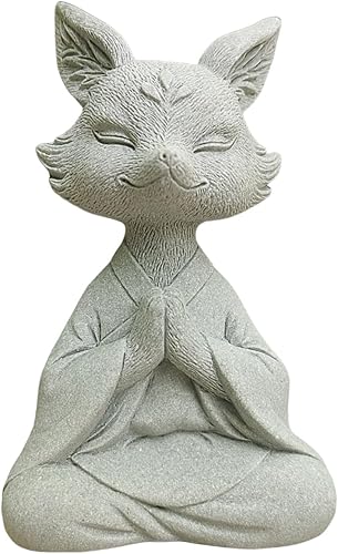 livelyfish Estatua de zorro de Buda meditando, acuario, estatua zen, estatua de yoga, figuras de animales, escultura de piedra arenisca para pecera,