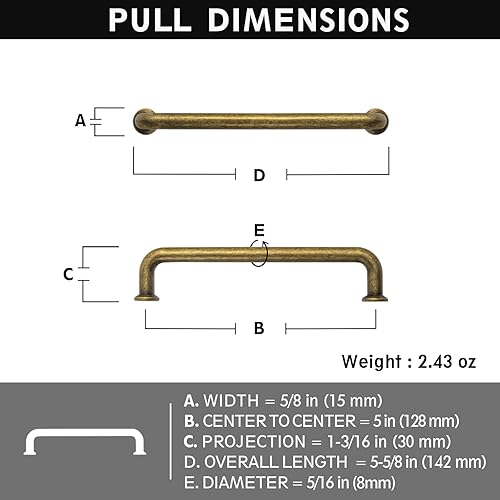 Miniatura 2 de Yanxia Juego de 12 manijas de gabinete de latón antiguo de 5 pulgadas de centro a centro, tiradores de cajón atemporales para renovación de muebles