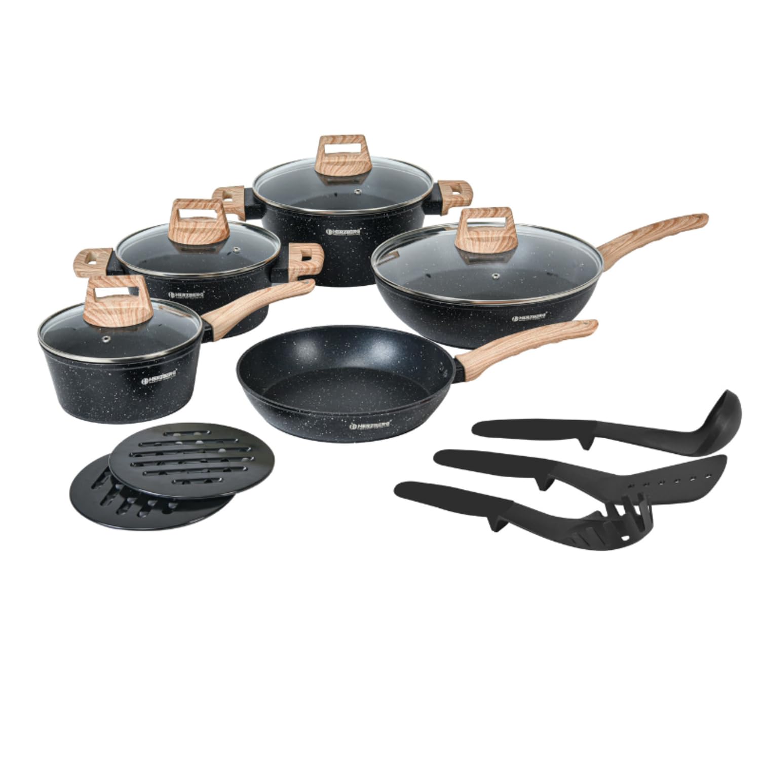 Herzberg - Batería de Cocina 14 Piezas, Revestimiento Granito, Aluminio Forjado, Mangos de Madera, Compatible Inducción, Tapas de Vidrio, Utensilios Incluidos, Negro