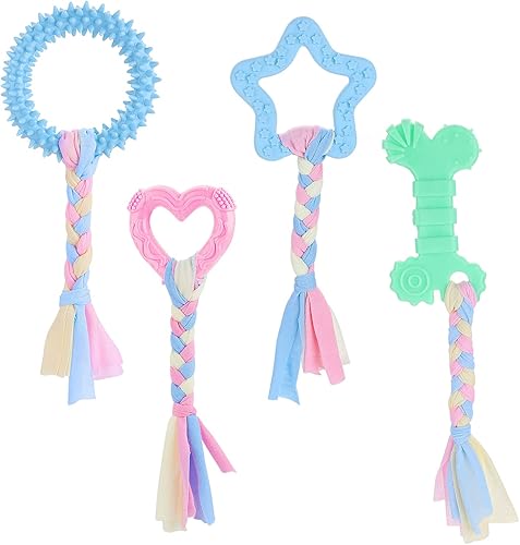 Cobee Juguetes masticables de dentición para cachorros, 4 piezas de cuerdas interactivas de algodón para perros pequeños, juguetes de goma para