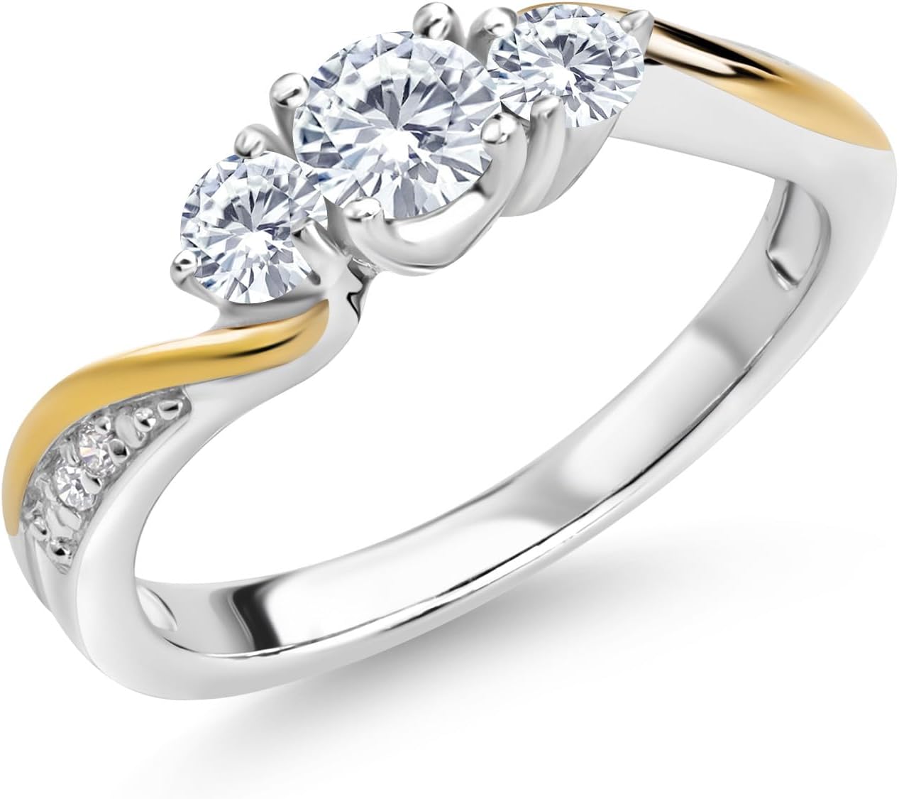 Gem Stone King 1/2 Cttw White Lab Grown Diamond 3-Stone Engagement Ring For Women | 925 Sterling Silver and 10K Yellow Gold | 3 Stone Wedding Anniversary Promise Ring For Women | Size 5-9