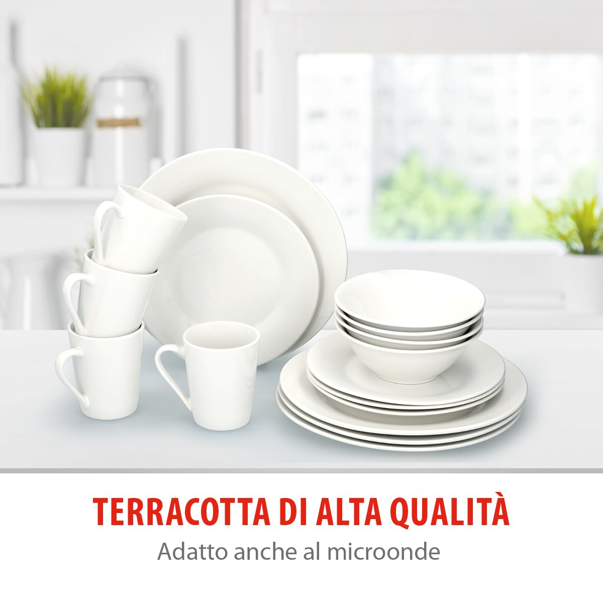 alpina Servizio Piatti per 4 Persone - Set di Piatti e Ciotole - Stoviglie in Terracotta - Piatti Piani, Piatti da Dessert, Ciotole e Bicchieri - Utilizzabili nel Microonde e in Lavastoviglie - Bianco