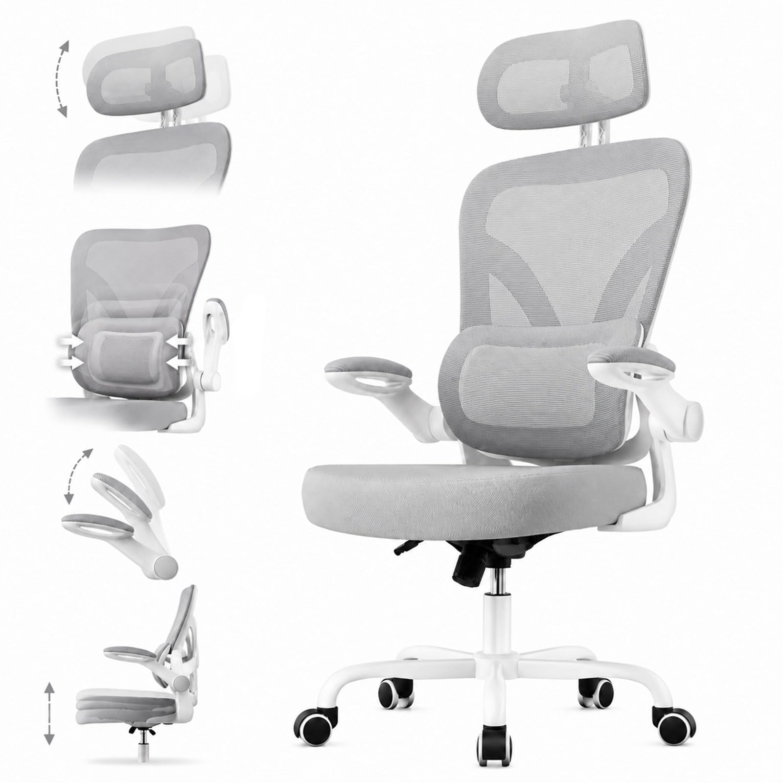 naspaluro Ergonomischer Bürostuhl, Drehstuhl mit Mesh, Lenden- und Kopfstütze, Hochklappbaren Armlehnen, Wippfunktion, 50 cm großer Sitzfläche, Belastbar bis 110 kg, für Home Office, Büro & Studenten