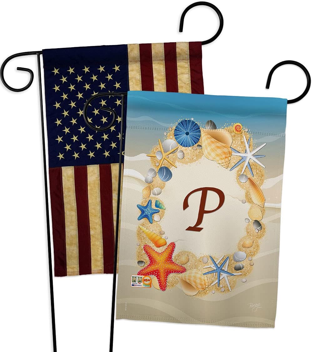 Summer P Initial Burlap Garden Flag Set Wall Holder Monogram Coastal Beach Tropical Sea Shells Ocean Sand Outdoor Coral Small Decorative Gift Yard House Banner Double-Sided Made In USA 13 X 18.5