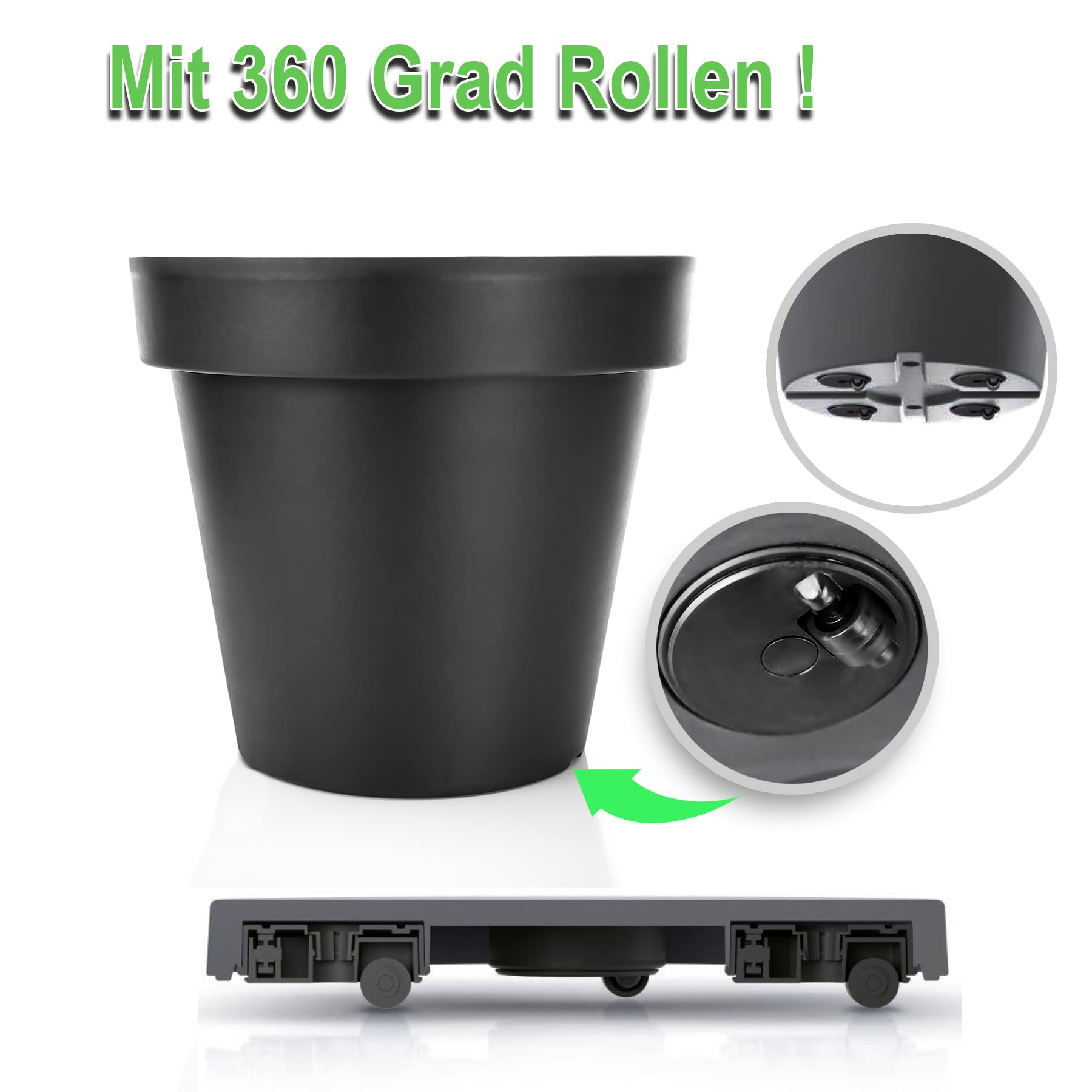 BigDean 2X Blumentopf XXL ø 60 cm Classic anthrazit + 360 Grad Rollen | wiederverschließbarer Wasserablauf - wetterfester Kunststoff - Pflanzkübel groß Außen & Innen geeignet