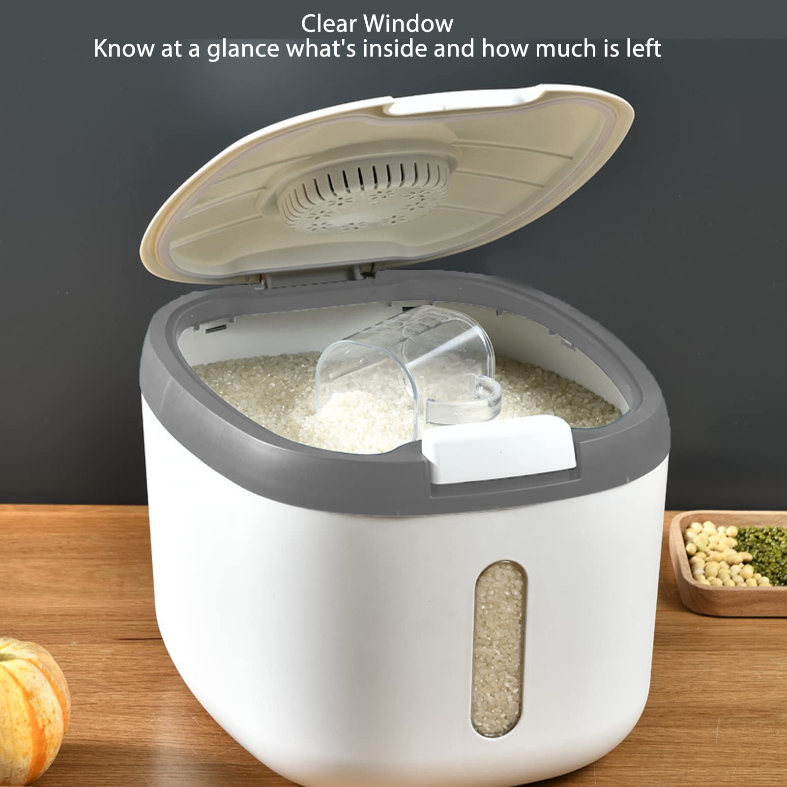 Contenedor Hermético de Arroz con Ventana Transparente, (M Gris