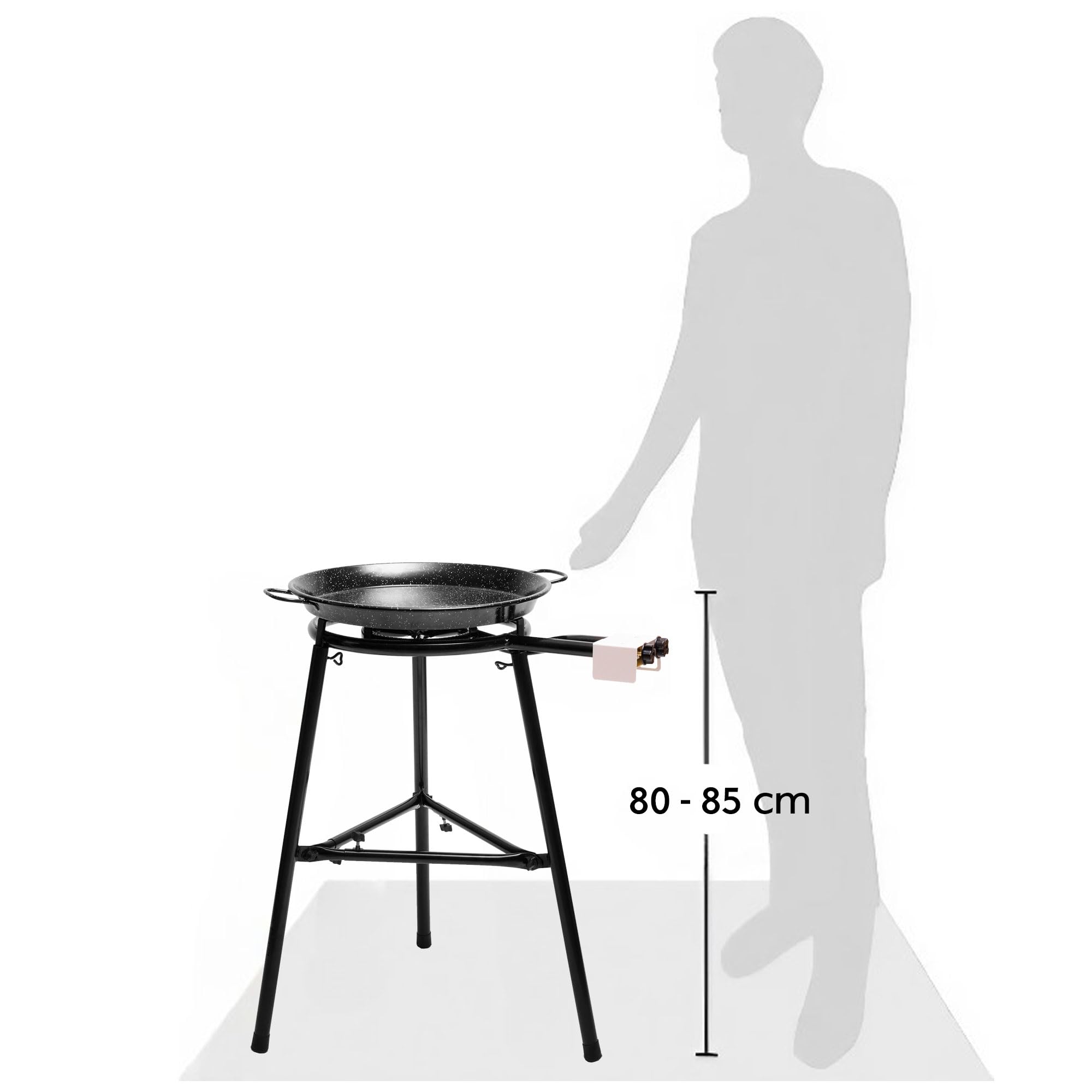 briebe Paella Set Gasbrenner 2 Flammig 40 – 20 cm + Paella-Pfanne Emailliert Stahl 46 cm, 12 Portionen + Ständer mit 3 Beinen, Robustes Stativ, hält bis zu 200kg