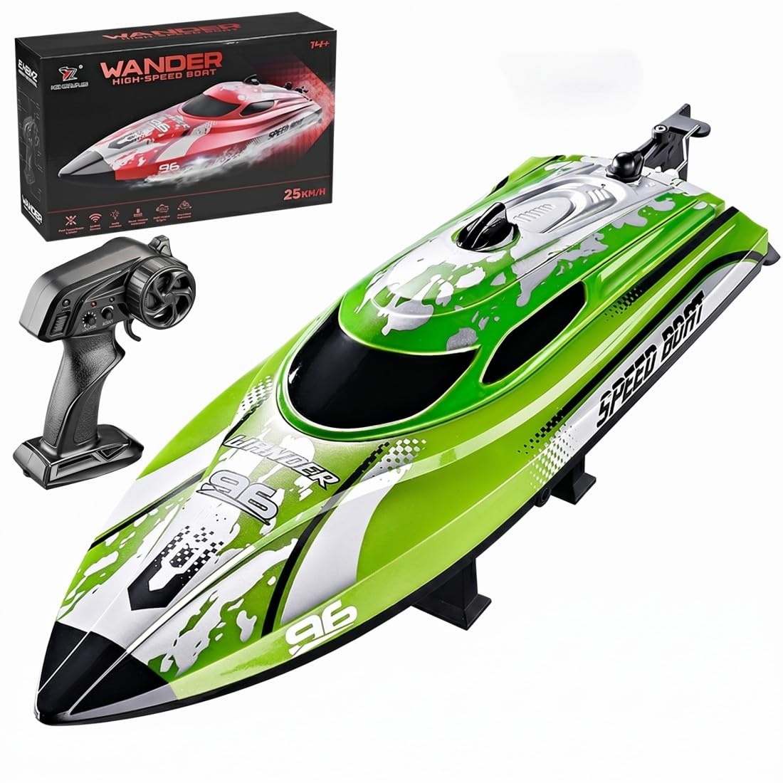 NULA Barca da corsa radiocomandata per lago, piscina e laghetto, 2,4 GHz, con 25 km/h, funzione automontante, illuminazione a LED e controllo proporzionale, verde, 3 batterie