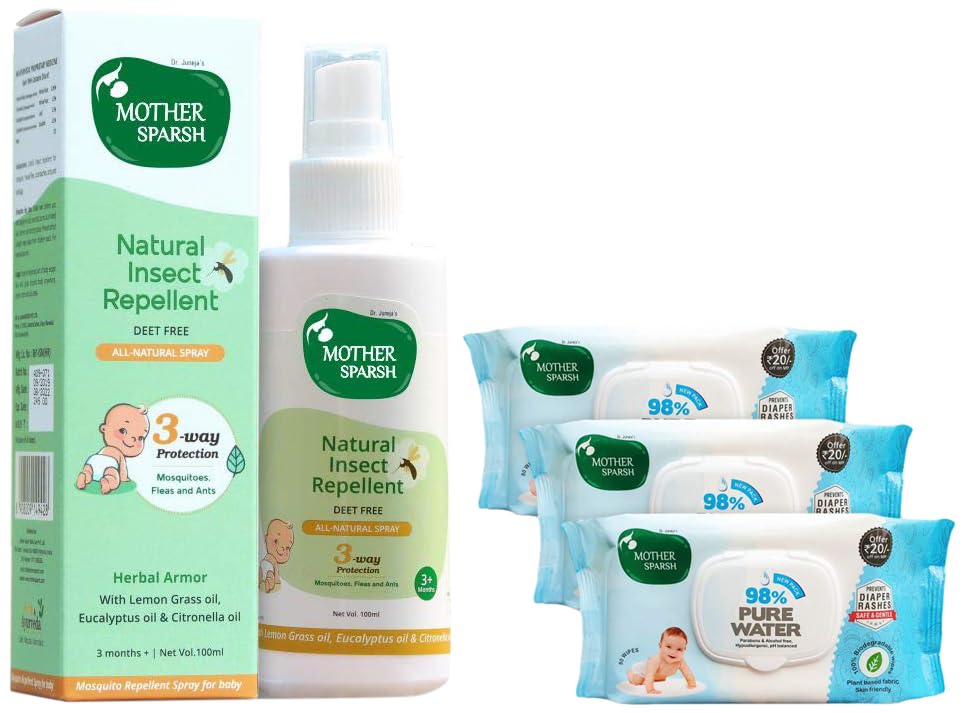 Image of Mother Sparsh 98% Water Based Baby Wipes I Plant made Wet Wipes I 80 Pcs wipes with lid, Pack of 3 & Mother Sparsh Natural Insect Repellent Spray For Babies- 100ml