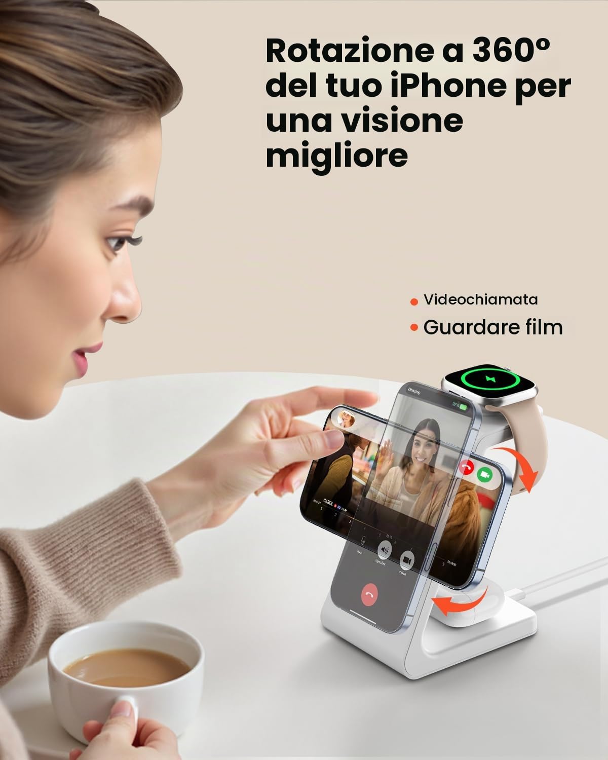 GEEKERA Certificato Stazione Ricarica per Apple, Caricatore Wireless Rapido 15W compatibile con Mag-Safe per iPhone Air/17-12, Stand Ricarica per Apple Watch, Base Carica per AirPods, Bianco e Grigio