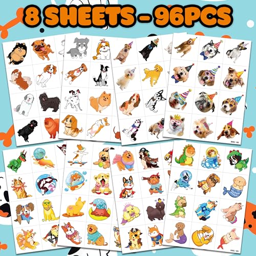 Image of 96 PCS Pre-Cut Dog Temporary Tattoos for Kids First Birthday Party Favors | Super Cute Pet Themed Supplies, Decorations, Animal Fake Tattoo Stickers School Rewards Prizes & Gifts Boys & Girls
