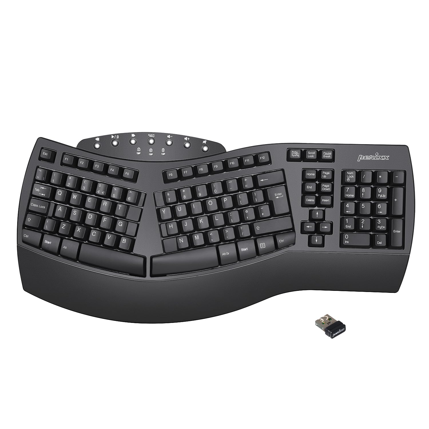 PerixxPERIBOARD-612 Wireless Ergonomic Split Keyboard with Dual Mode 2.4G and Bluetooth Features, Compatible with Windows 10 and Mac OS X System, Black, UK Layout