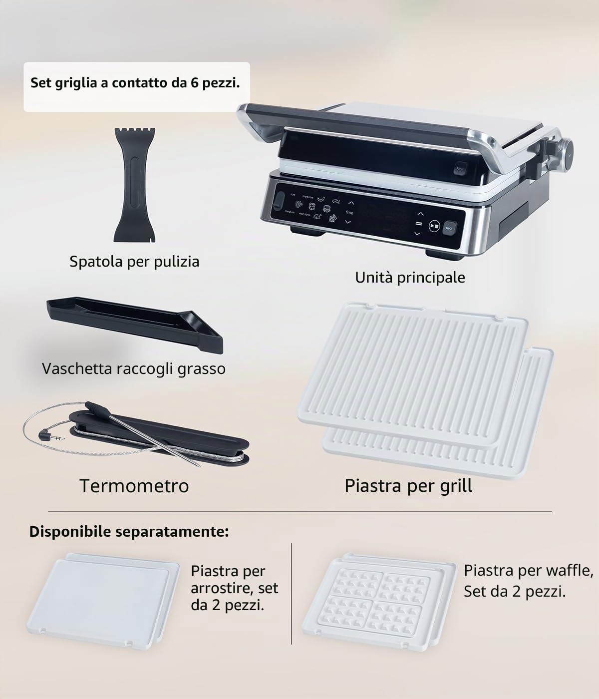 Genius Chef - Griglia elettrica a contatto, in acciaio inox, per panini, bistecche, piastre rimovibili, tostapane per sandwich, con 2 piastre, set da 6 pezzi, colore: Grigio