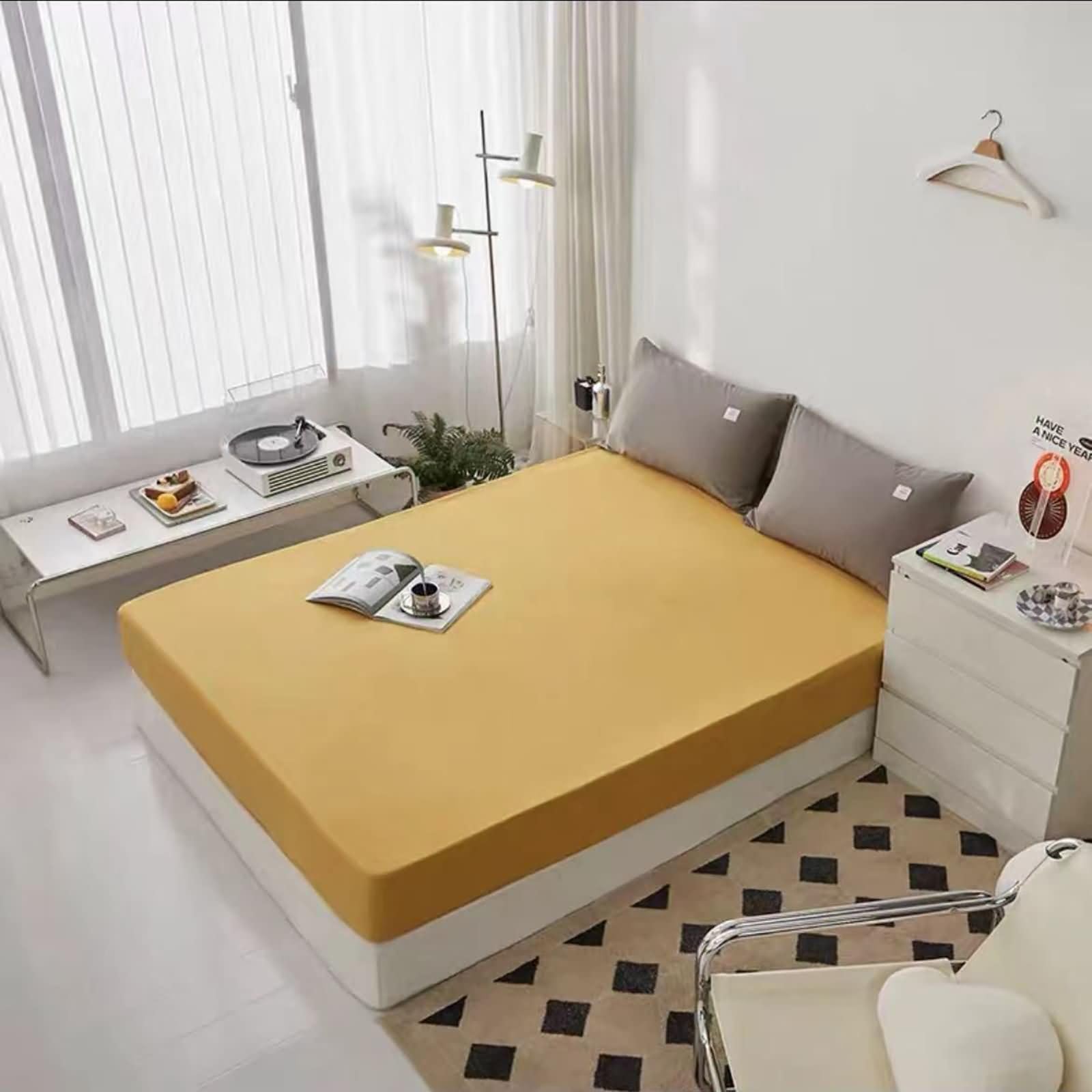 150x200cm Betttuch mit 2er Kissenbezüge Set 3tlg Deko, Bettlaken Unterlage Einfarbig, Textilien Polyester Bett Laken Bezug Gelb Unterbett für Matratze