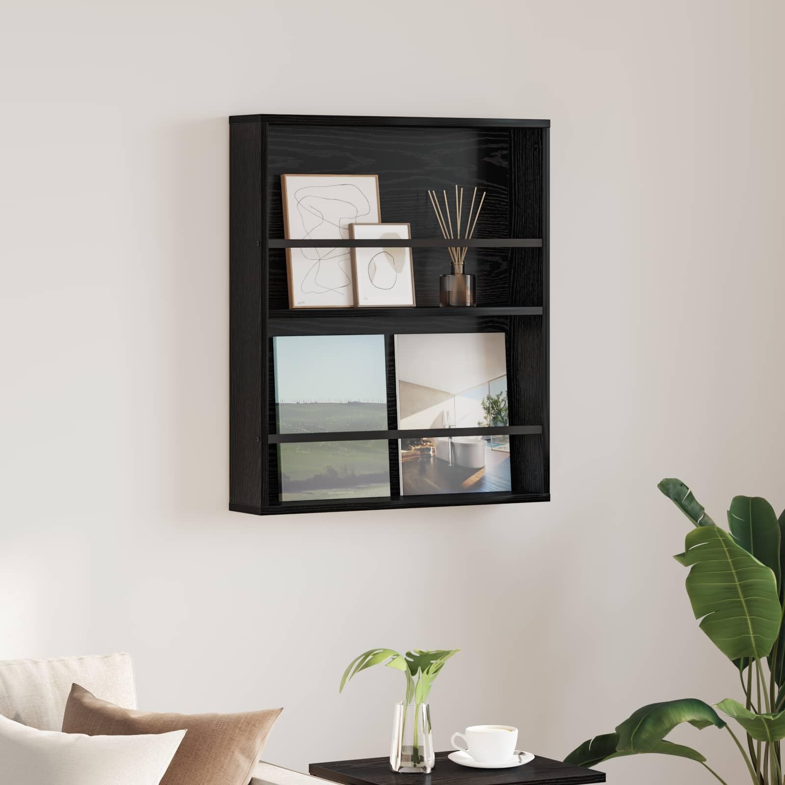 Générique Czarny dębowy stojak na czasopisma ścienny 60 x 12 x 70 cm, regulowany regał na czasopisma, nowoczesny organizer do salonu lub biura, minimalistyczny design z drewna inżynierskiego